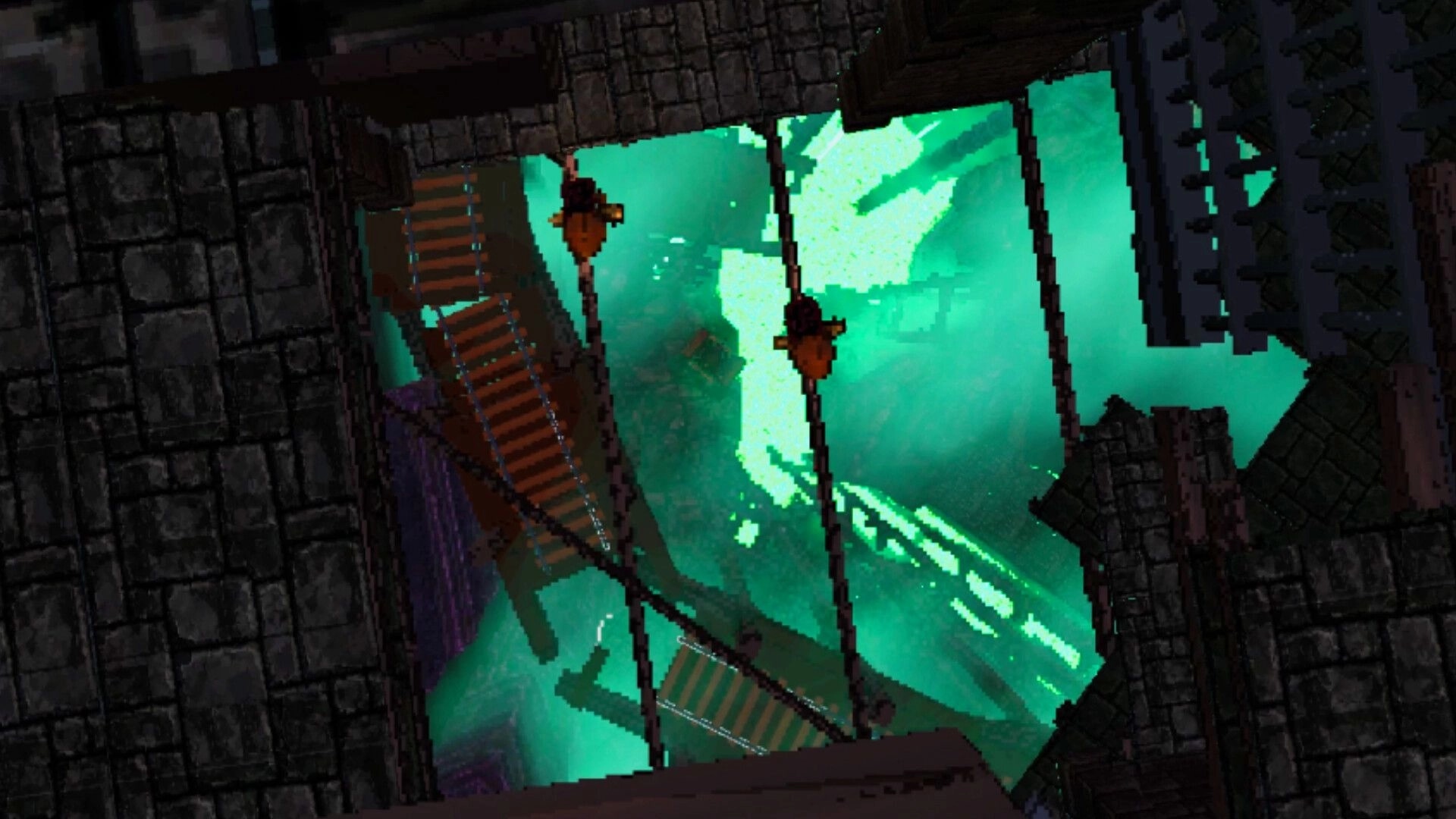 Climb It Up: Two climbers hang on ropes beside a wooden stairway in a ruined stone dungeon shaft.