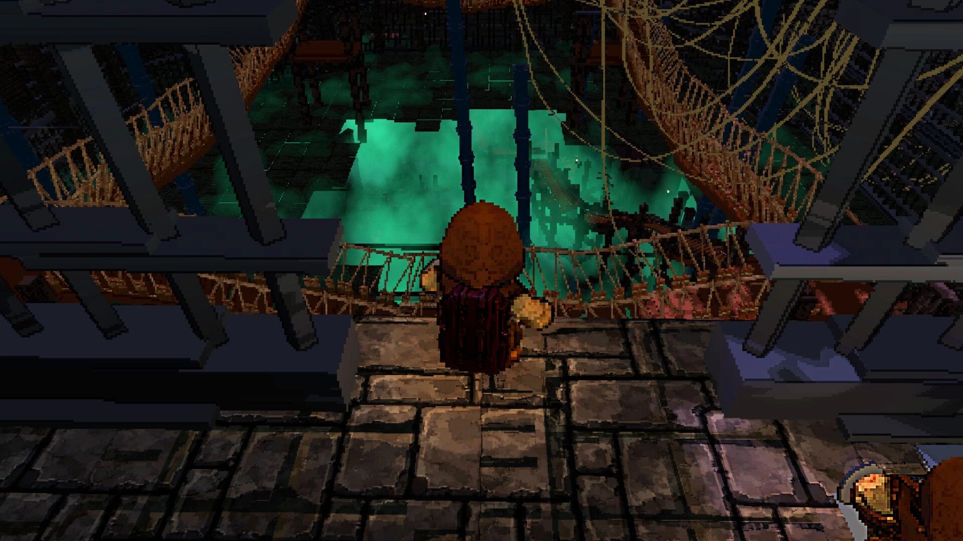 Climb It Up: Adventurer stands on stone ledge facing rope bridges over a glowing green abyss pit.