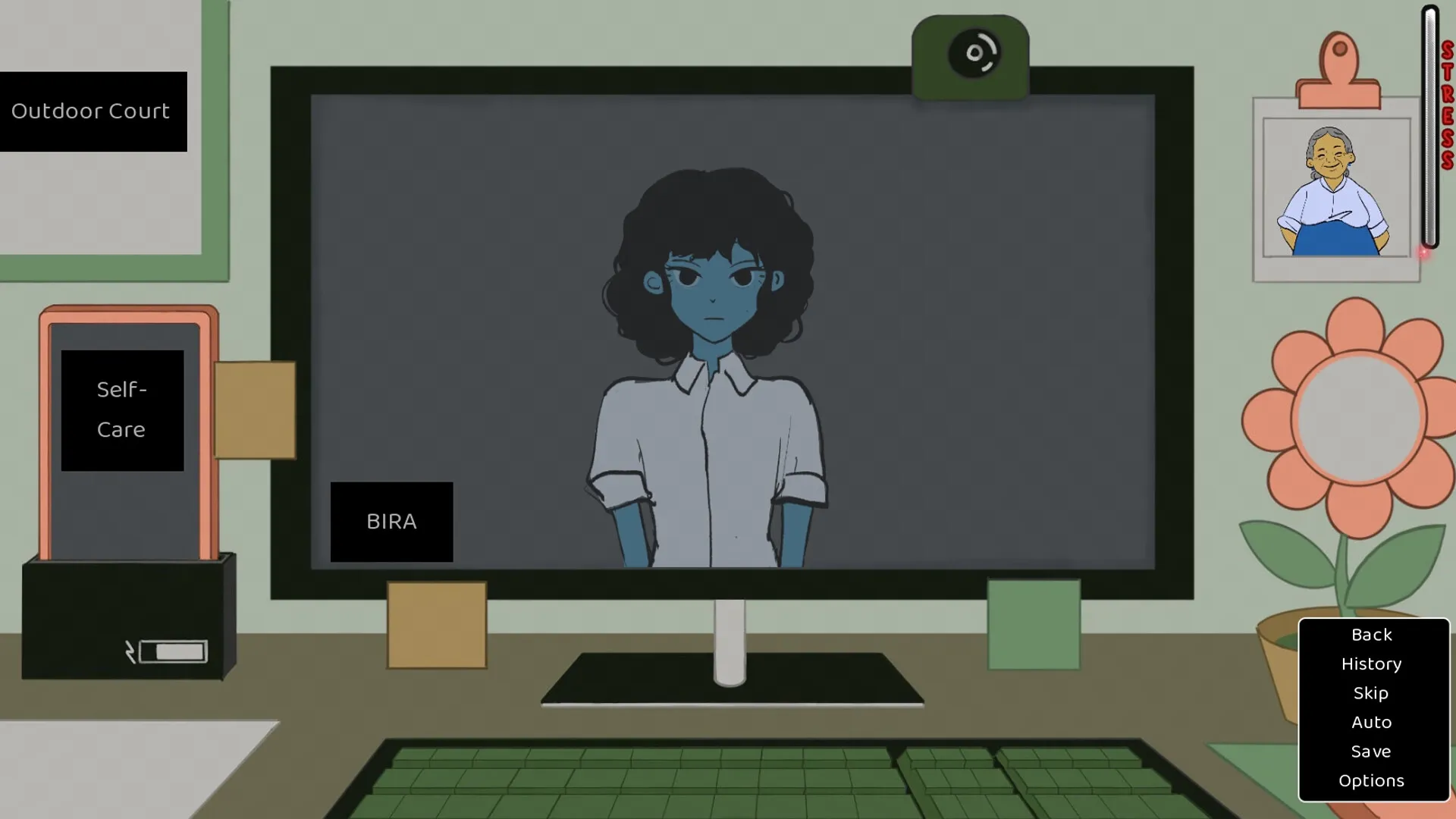 Clock Out at 2: Character BIRA on screen with self-care and stress meter in office setting