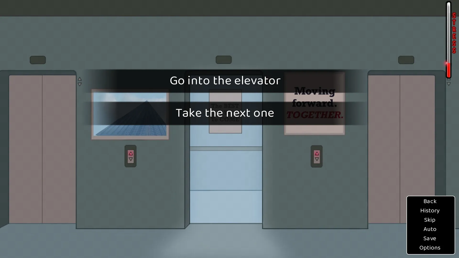 Clock Out at 2: Choose between elevator options in a corporate hallway with stress meter displayed.