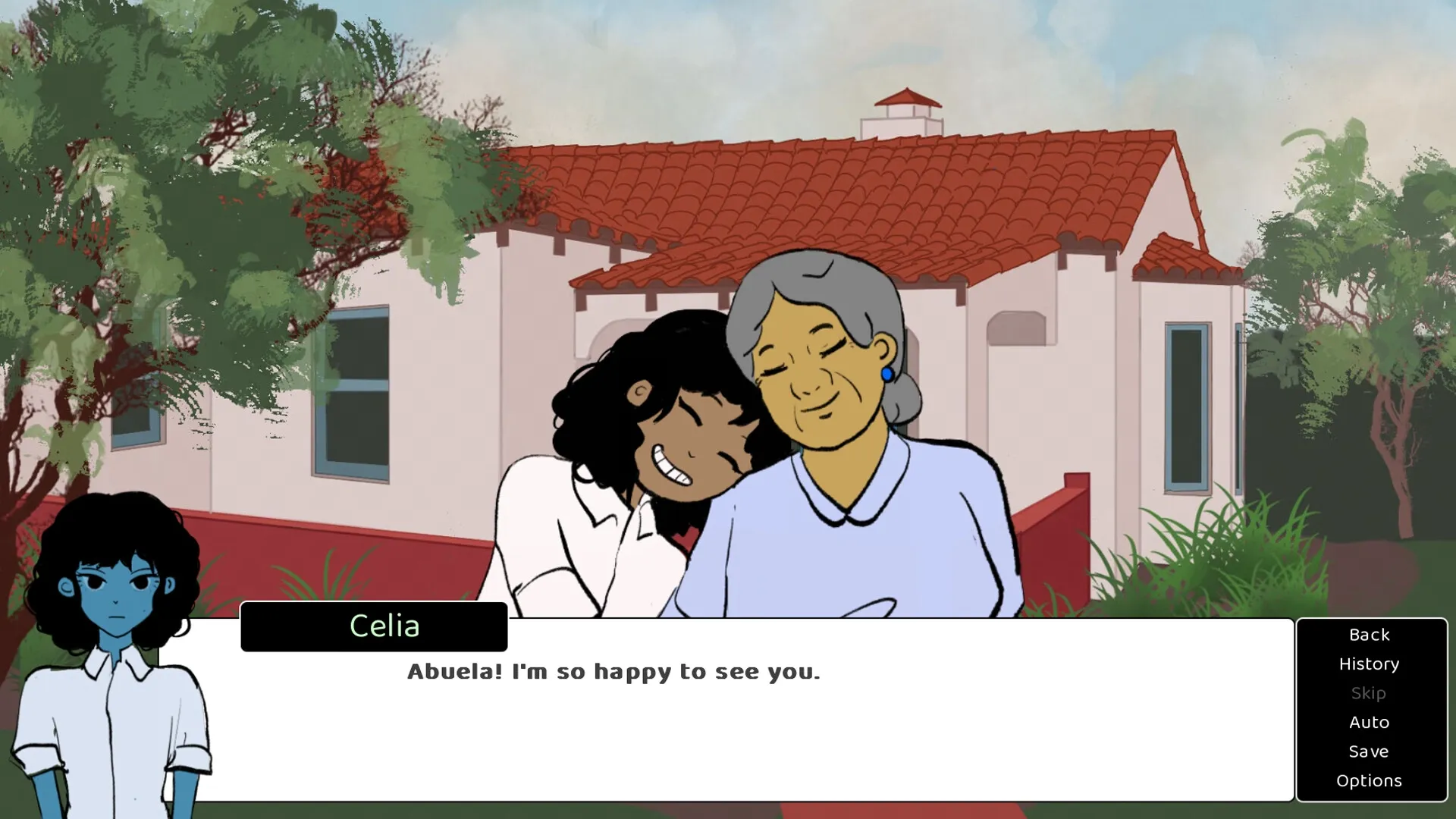 Clock Out at 2: Celia embraces her abuela in a garden with a red-roofed house and lush greenery.