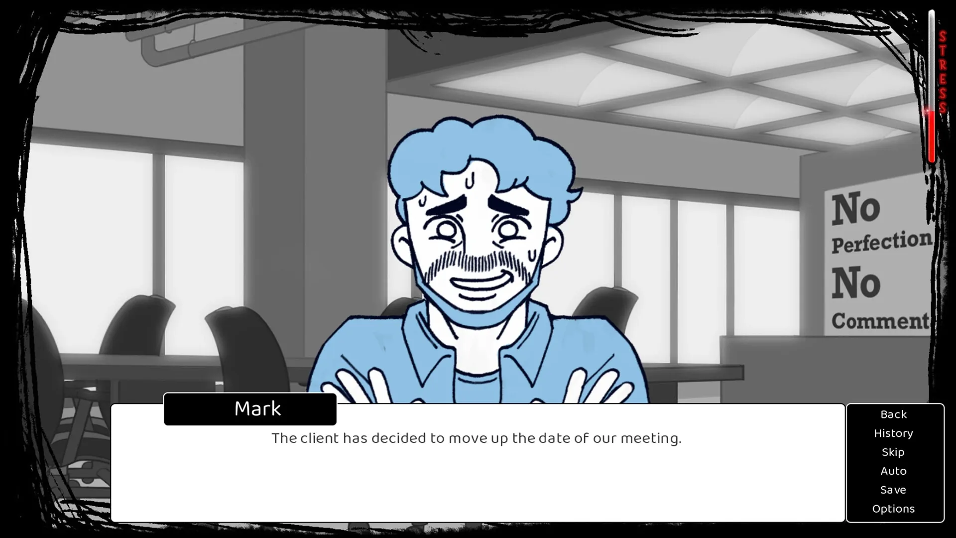 Clock Out at 2: Mark nervously reacts to client news in a grey office with stress meter rising.