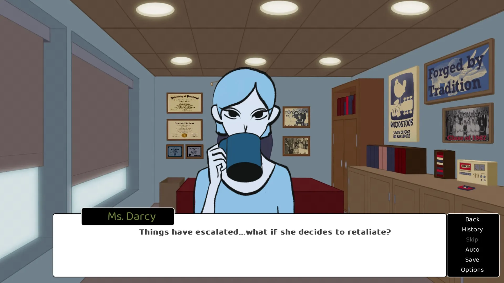 Clock Out at 2: Ms. Darcy drinks coffee in an office with diplomas and posters on the walls.