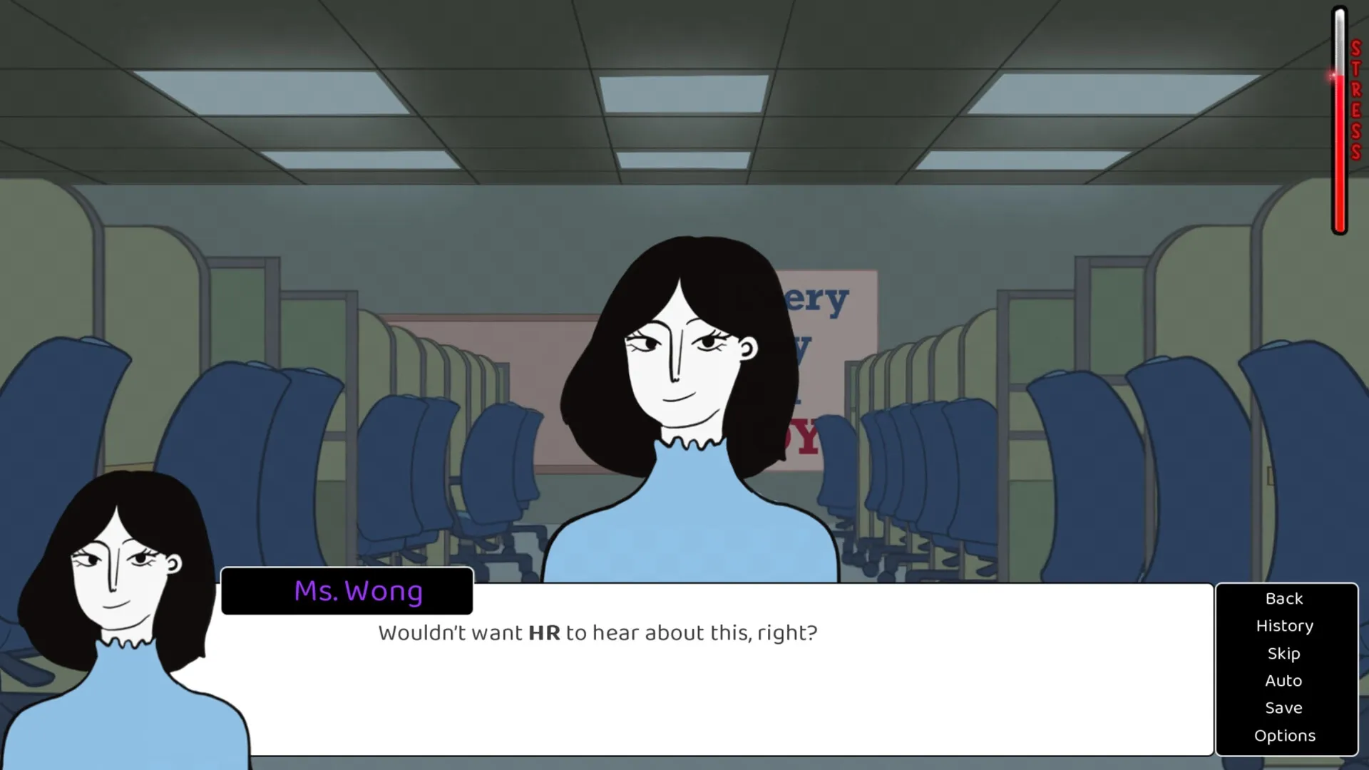 Clock Out at 2: Ms. Wong in a cubicle office warns about HR; dialogue options and stress meter visible.