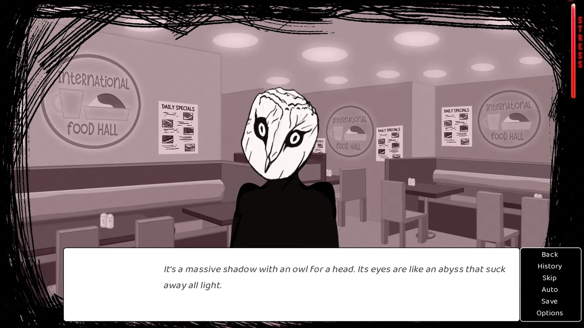 Clock Out at 2: Character with owl mask stands in dimly lit food hall, stress meter visible on side.