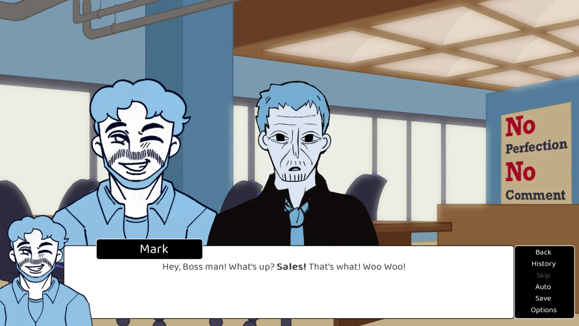 Clock Out at 2: Mark winking at coworker in office, dialogue box showing enthusiastic sales talk