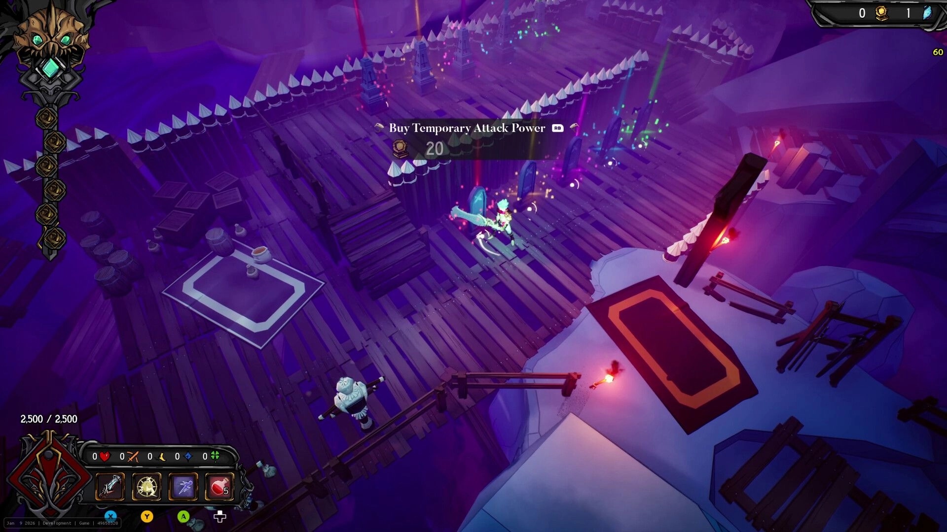 Clockfall: Hero stands by glowing portals with Buy Temporary Attack Power prompt on wooden ramparts.