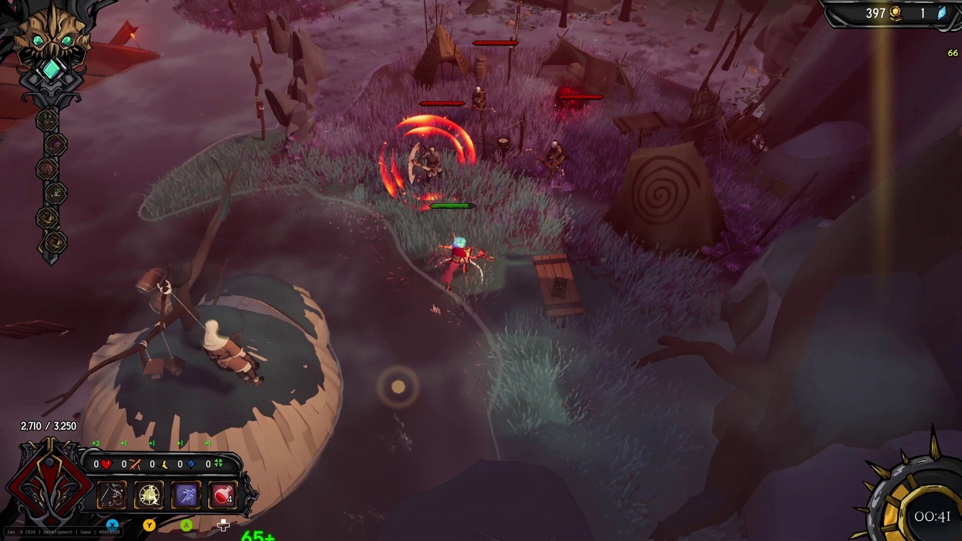 Clockfall: Player slashes bandit foes near tents and a spiral stone in a misty riverside camp UI visible.