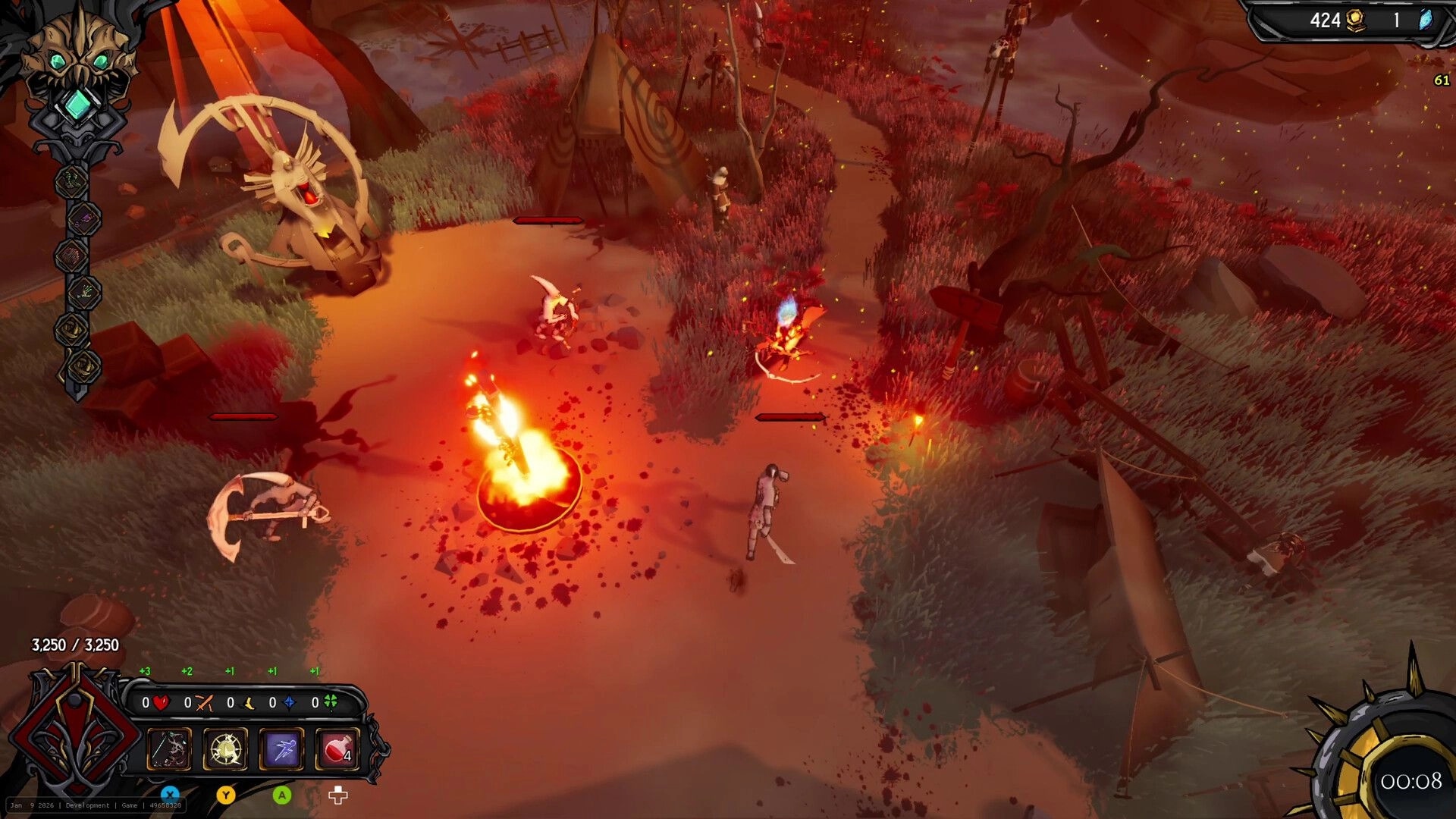 Clockfall: Top-down battle with humanoid foes and fire blast in a red forest camp with HUD skills.