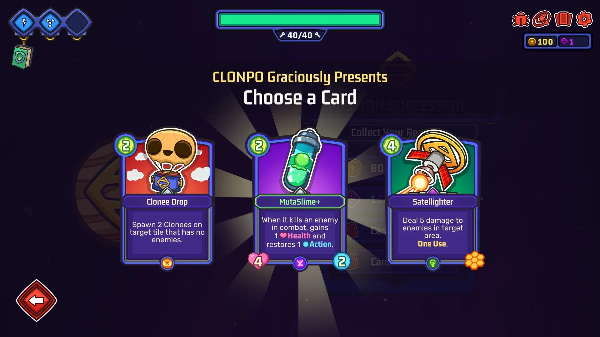 Clonizer: Card selection screen with options for Clonee Drop, MutaSlime+, and Satellighter cards.