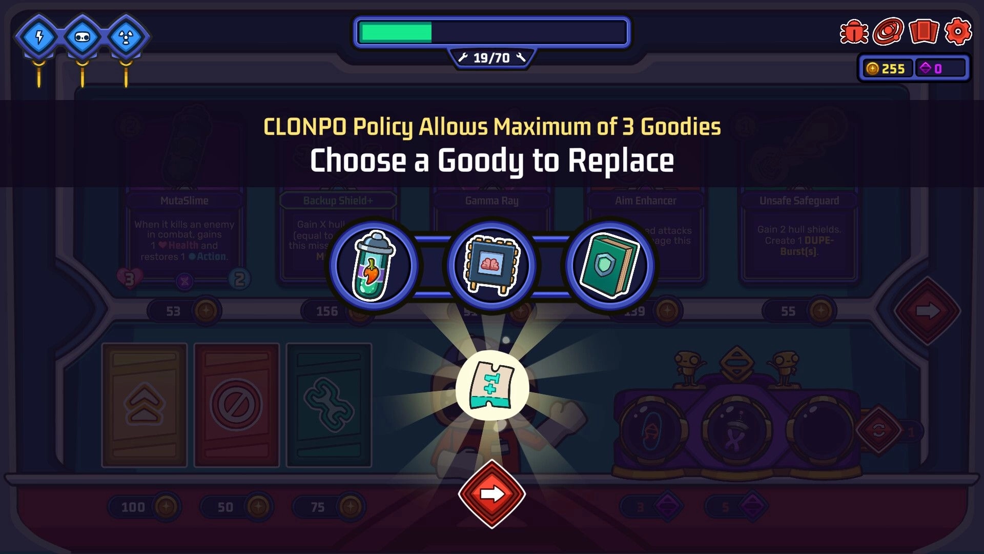 Clonizer: Selection screen to replace a goody with options and current inventory in a sci-fi interface