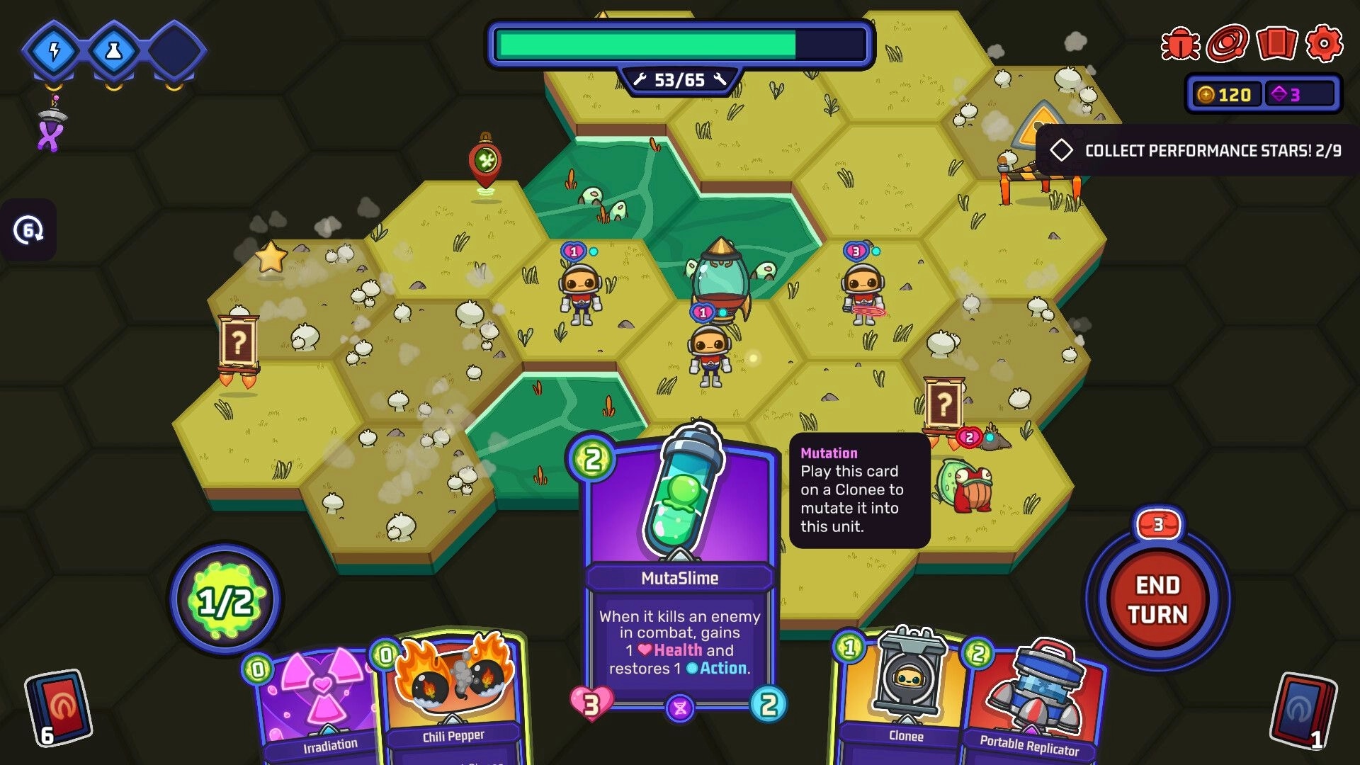 Clonizer: Tactical hex grid with clones and aliens, card hand visible with MutaSlime highlighted