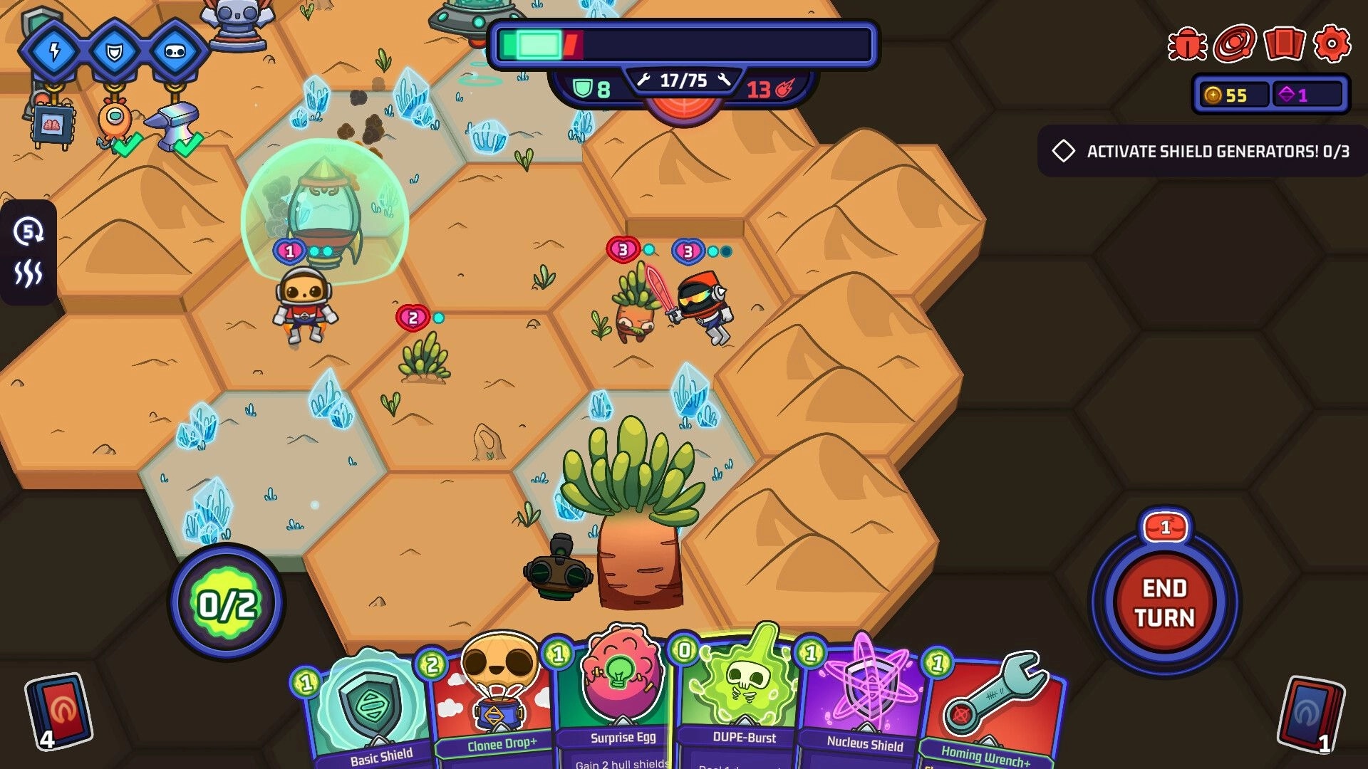 Clonizer: Two astronauts on hex map, one with sword near alien, card deck and UI elements visible