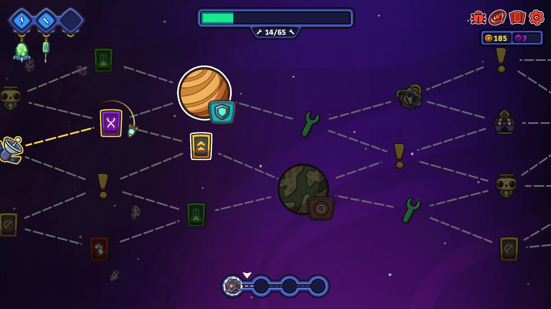 Clonizer: Star map with planets, paths, and task icons connected; top bar shows progress and resources.