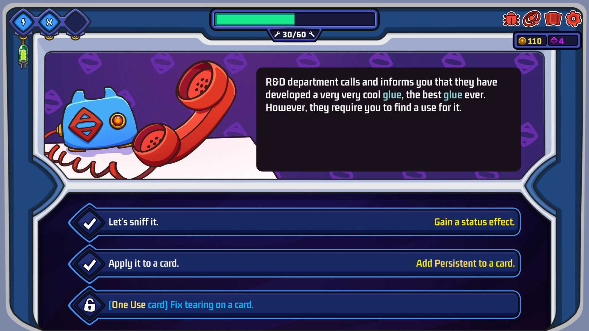 Clonizer: Dialogue choice screen with options to use glue, card effects, and character health bar.