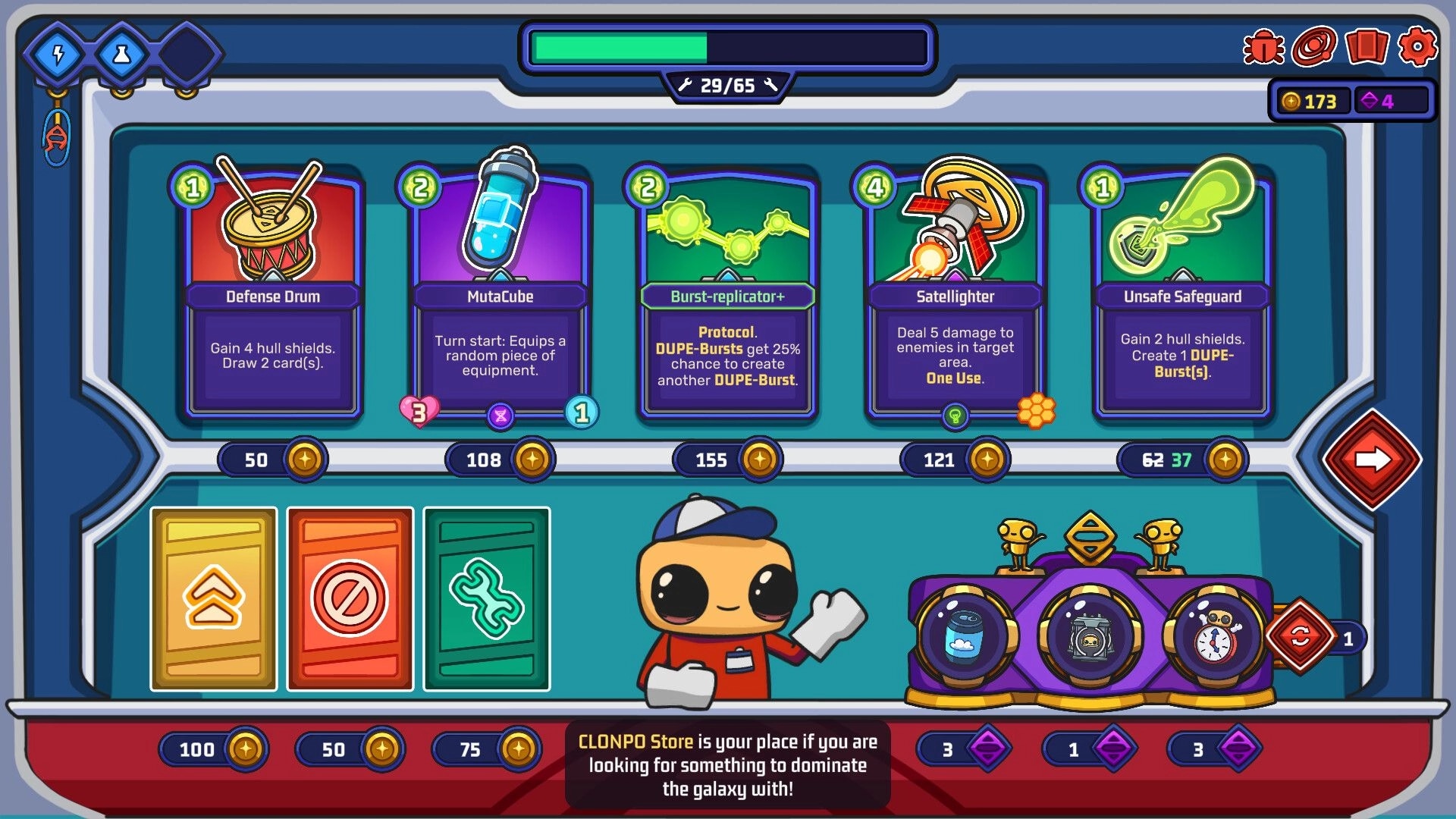 Clonizer: In-game store interface showing cards for purchase with a character waving in the foreground.