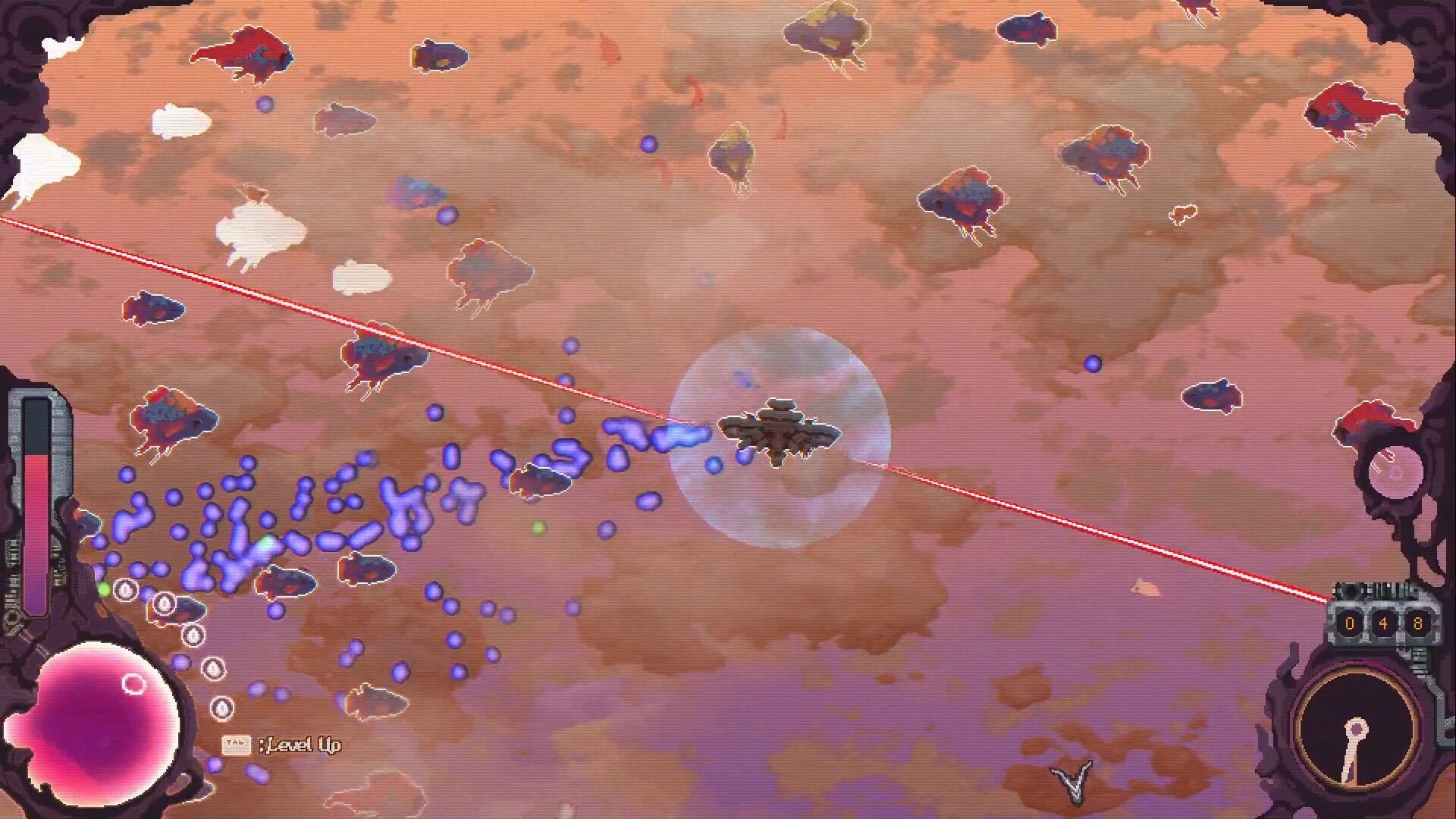 Cloudbreaker: Airship battles red enemies with defense shield in cloudy sky environment, UI visible