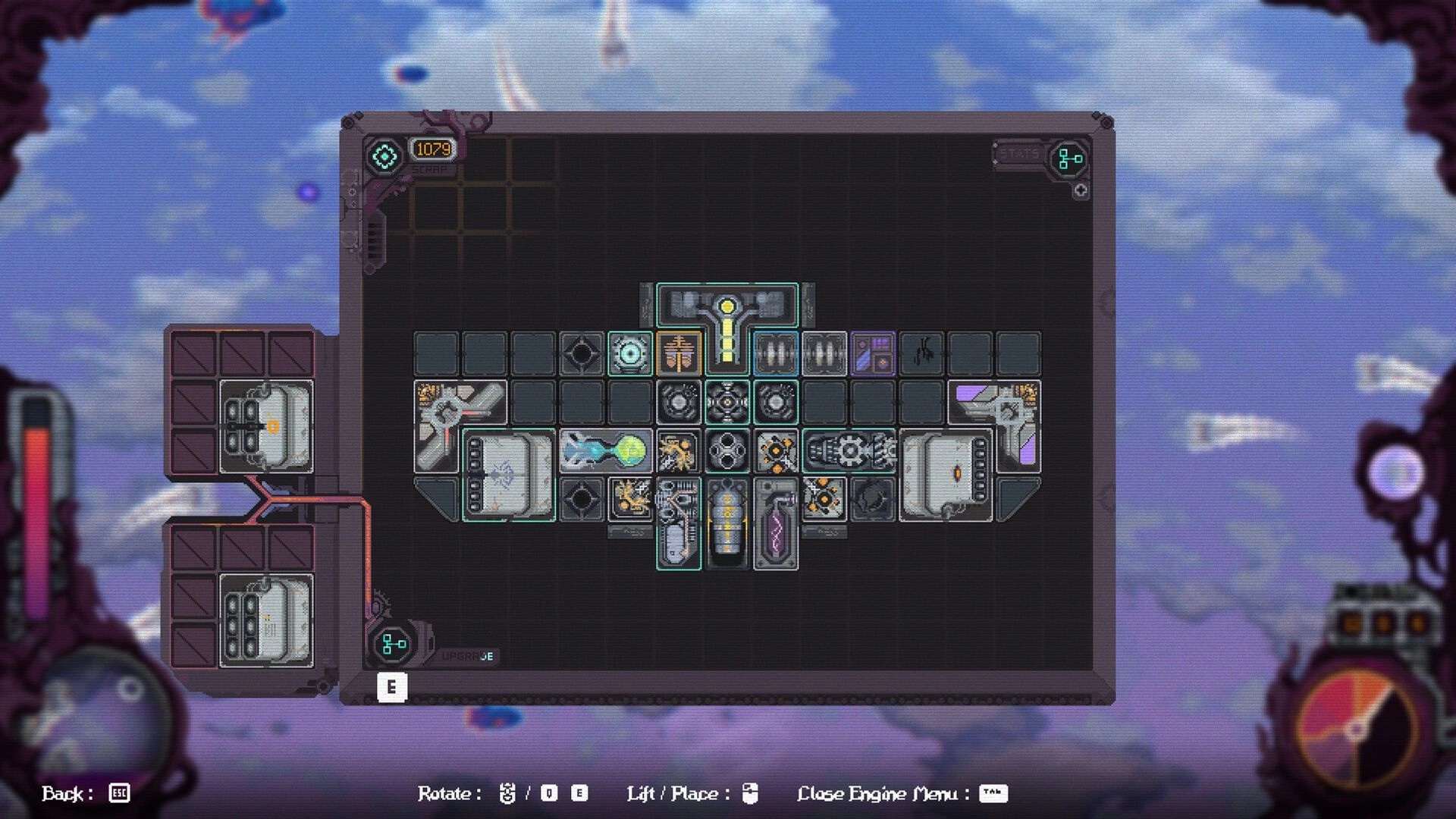Cloudbreaker: Airship layout customization in inventory menu against a cloudy sky backdrop