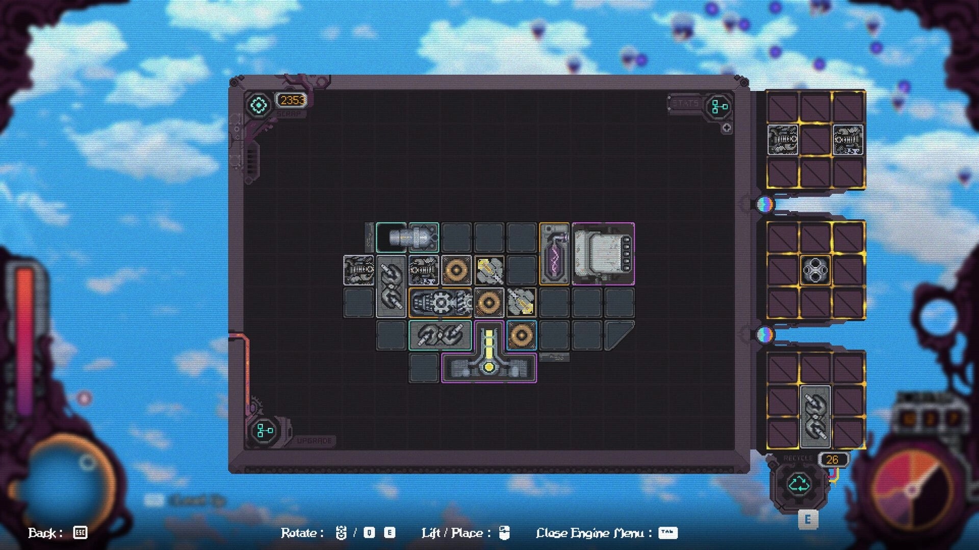 Cloudbreaker: Inventory management screen with airship components against a blue sky backdrop