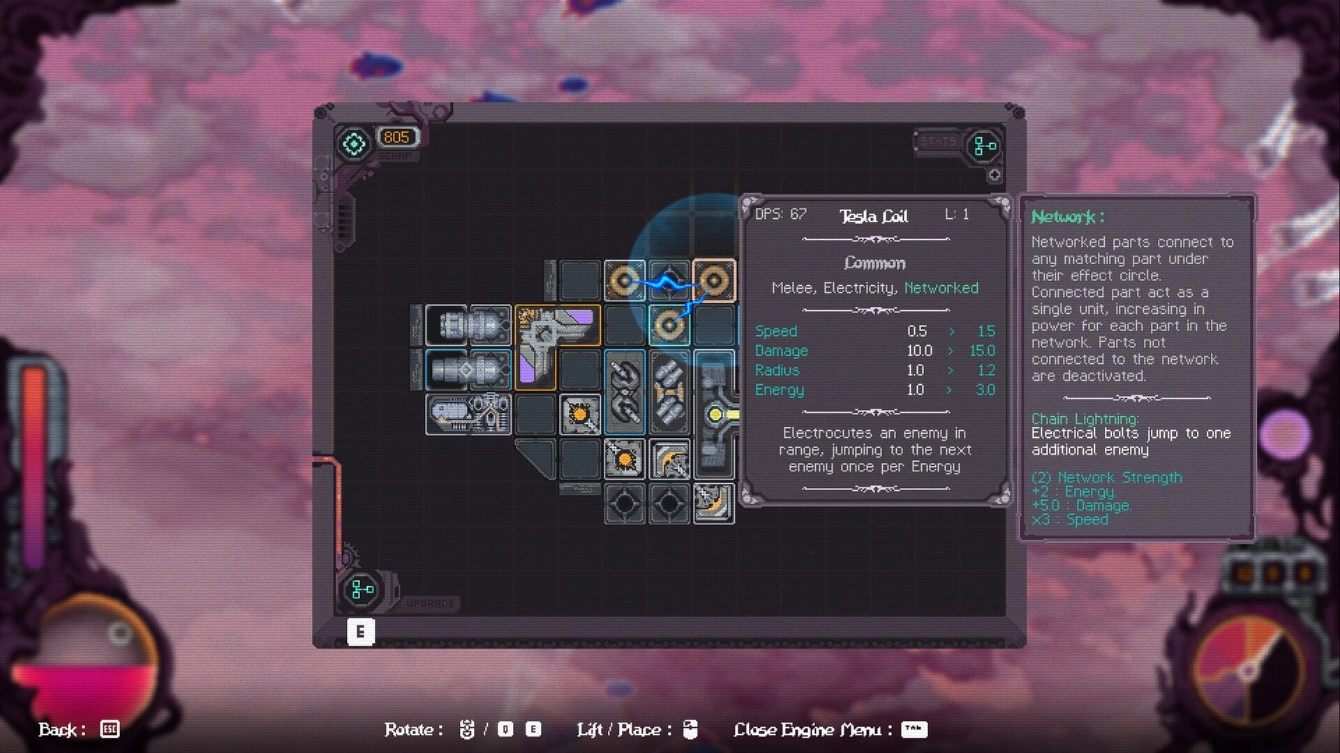 Cloudbreaker: Inventory management with Tesla Coil stats against a pink sky backdrop