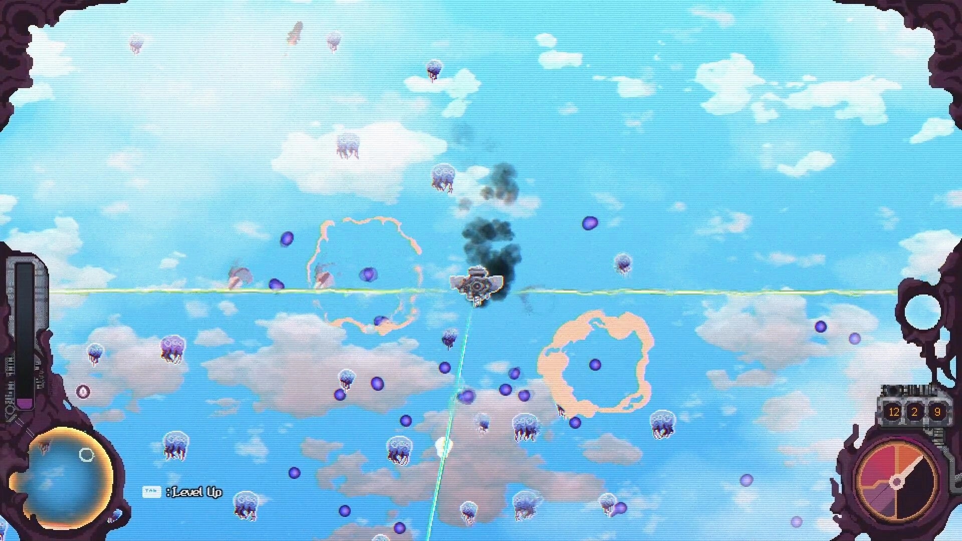 Cloudbreaker: Airship battles jellyfish enemies amid clouds with HUD showing health and level up.