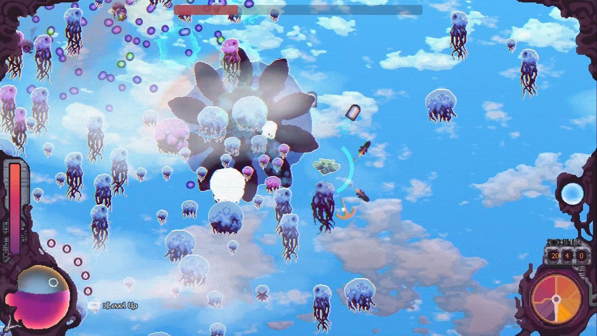 Cloudbreaker: Airship battles jellyfish-like creatures in a vibrant, cloud-filled sky environment