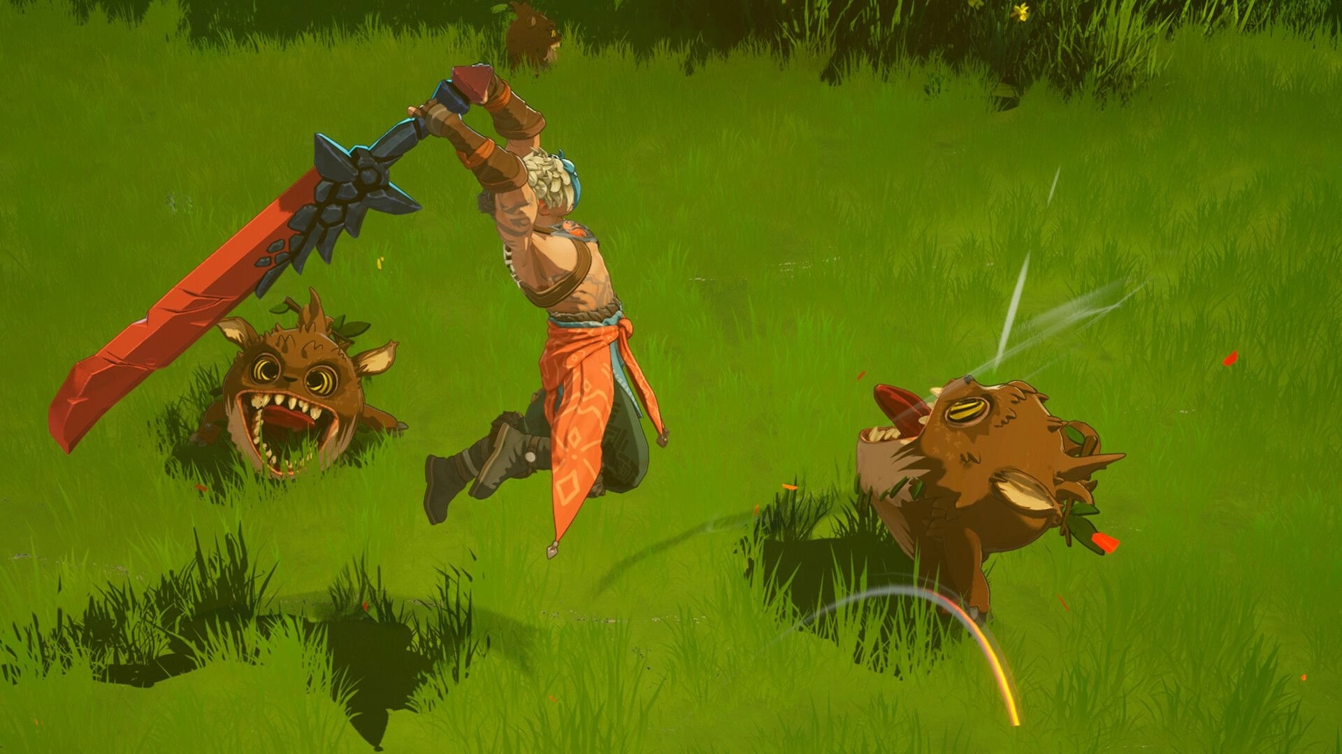 Cloudheim: Character swings massive sword at two snarling creatures in lush green field