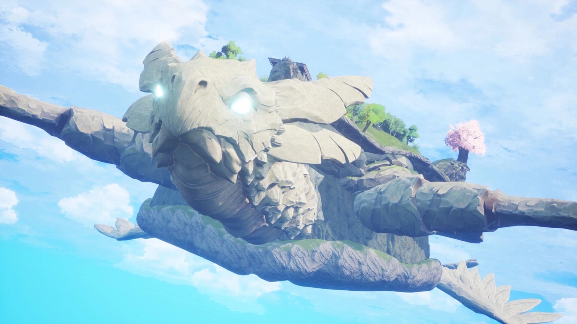 Cloudheim: Stone dragon island flying through a bright sky with trees and a pink blossom tree visible