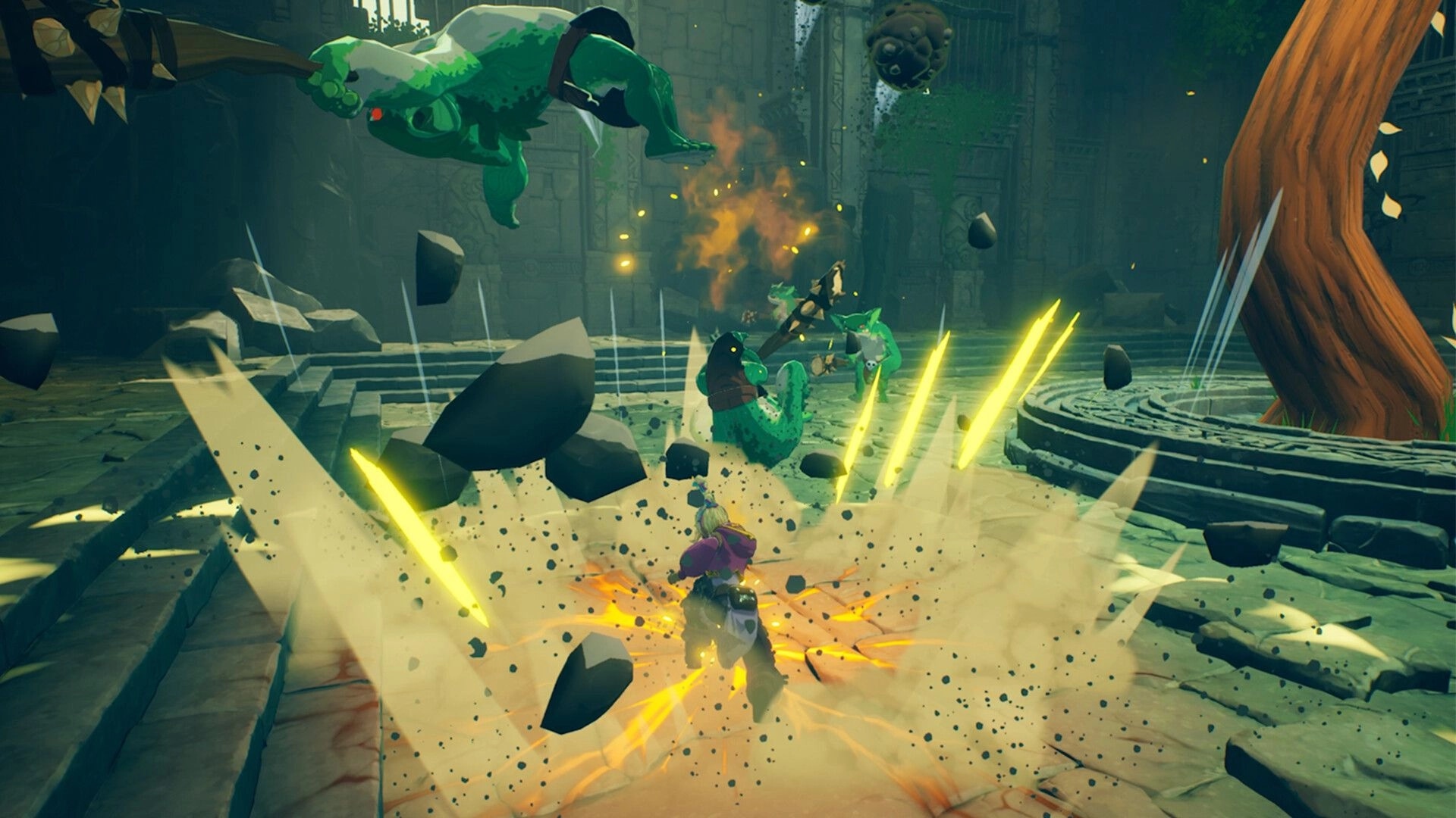 Cloudheim: Player character battling green creatures in ancient ruins with explosive attacks