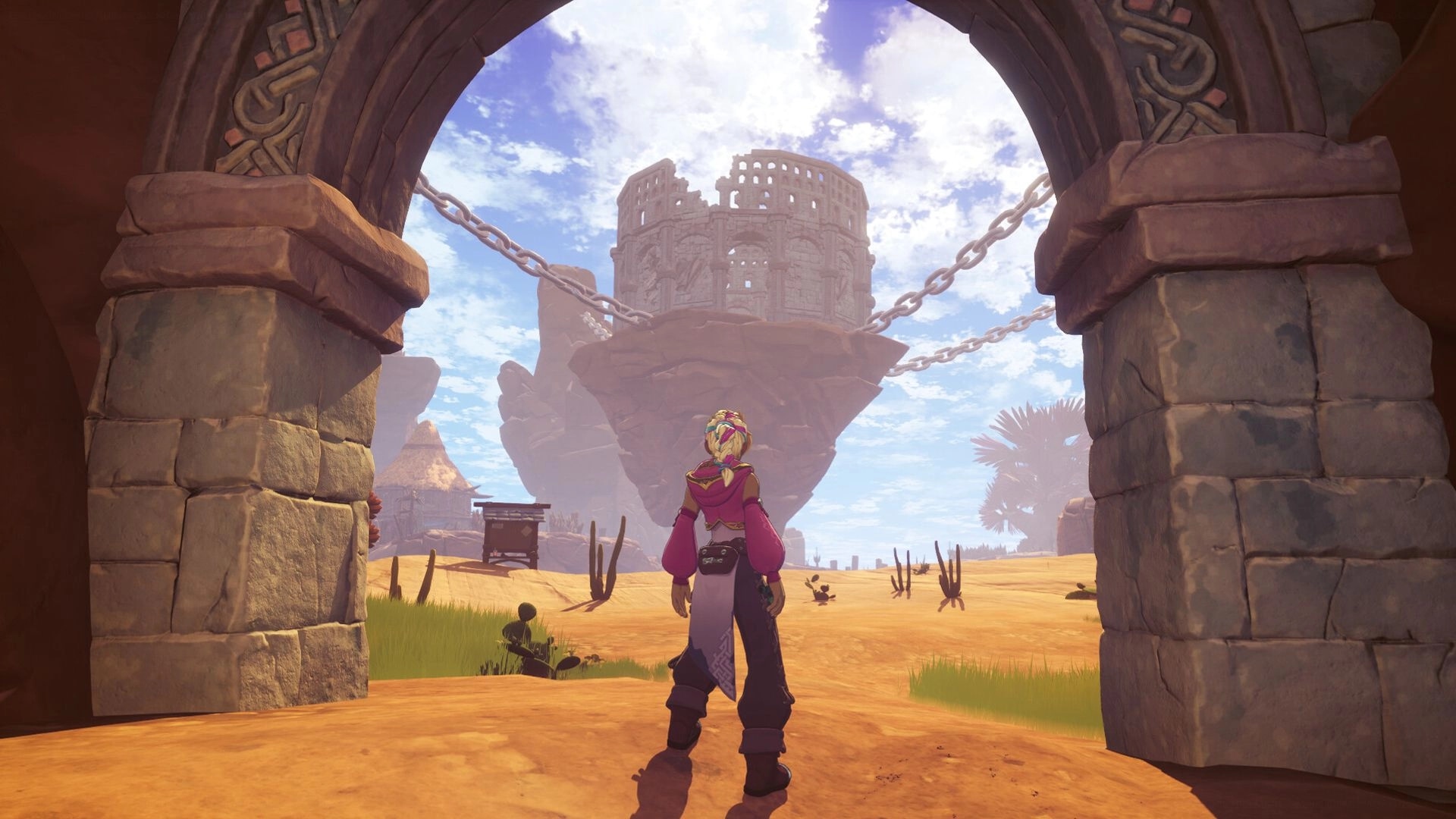 Cloudheim: Character stands before a floating fortress in a desert landscape under a clear sky.