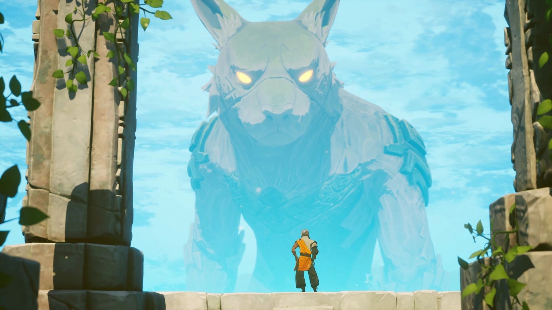 Cloudheim: Lone character confronts giant spectral wolf in ancient ruins under a bright blue sky
