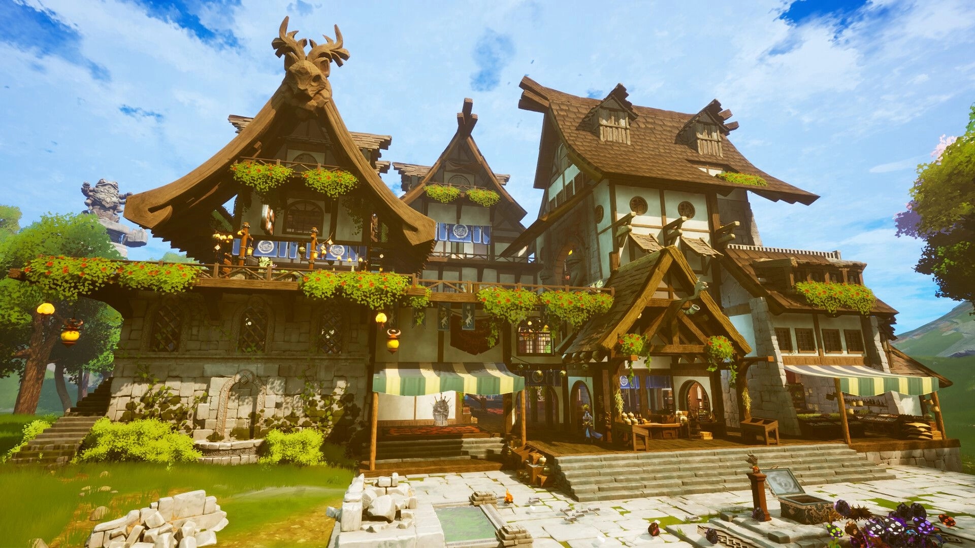 Cloudheim: Large, ornate building with wooden accents and greenery in a vibrant, sunny village setting