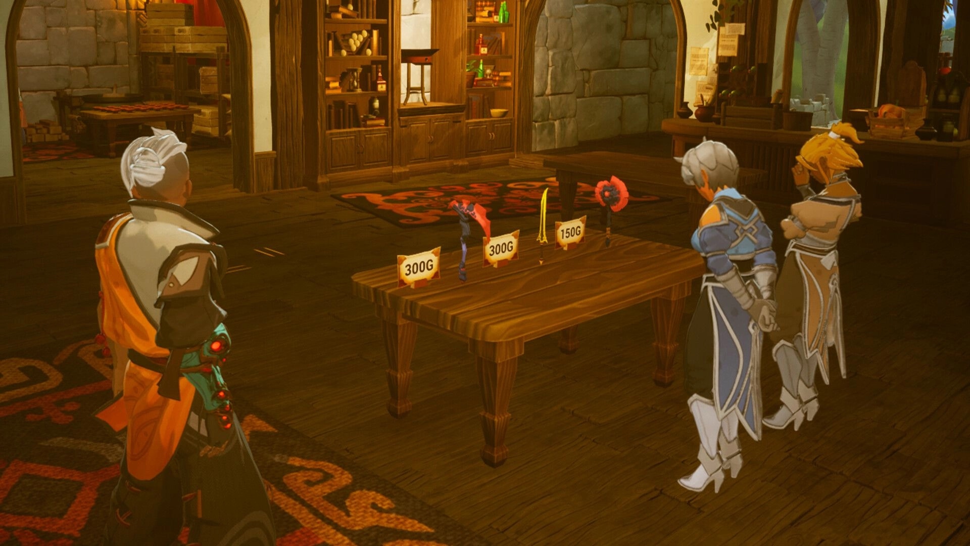 Cloudheim: Three characters examining weapons priced 300G and 150G on a wooden table in a cozy shop