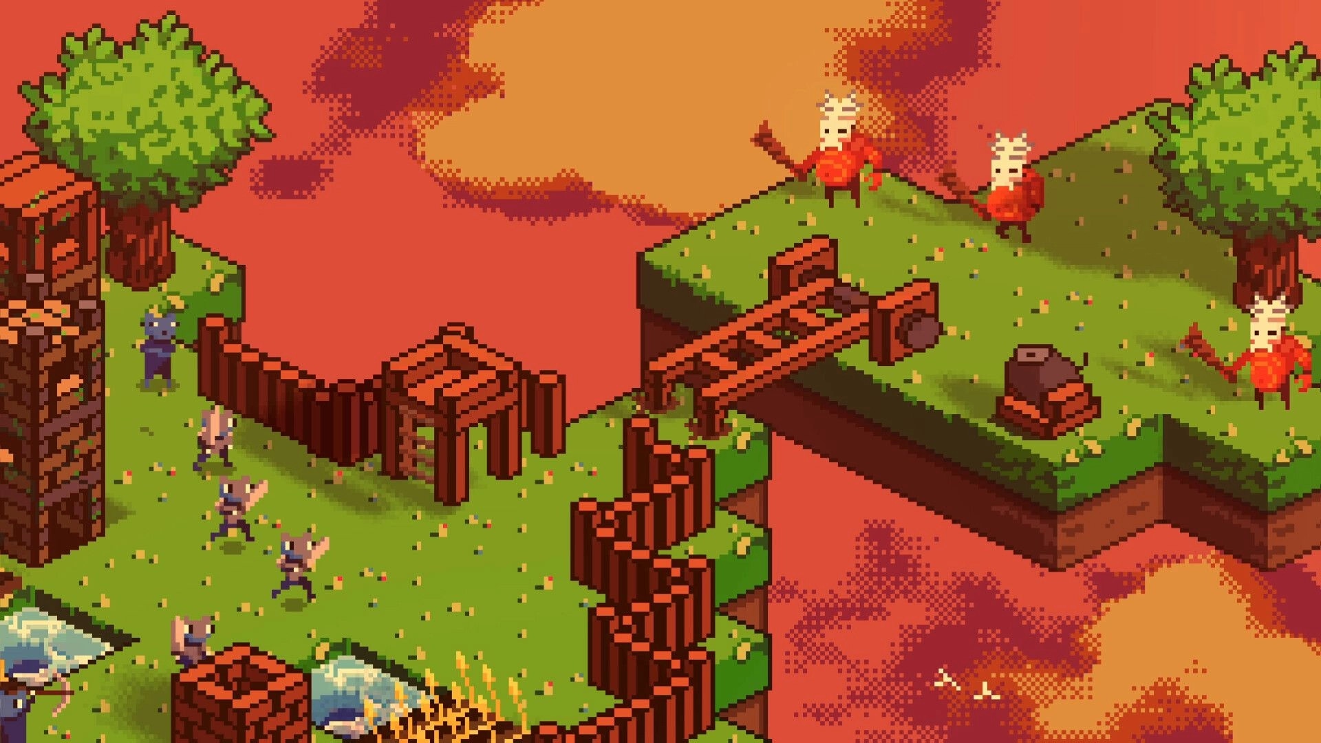 Cloudlings: Villagers build fences and a bridge between grassy floating islands at sunset clouds.
