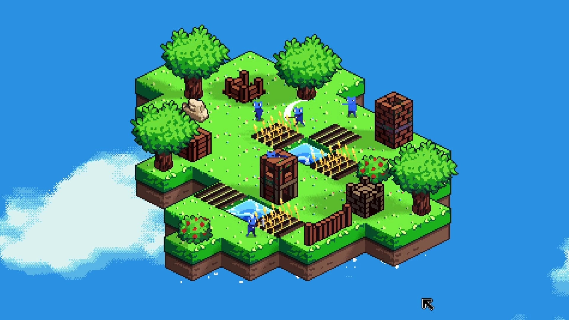 Cloudlings: Blue villagers tending farm plots and wells on a floating grassy island with trees and huts.