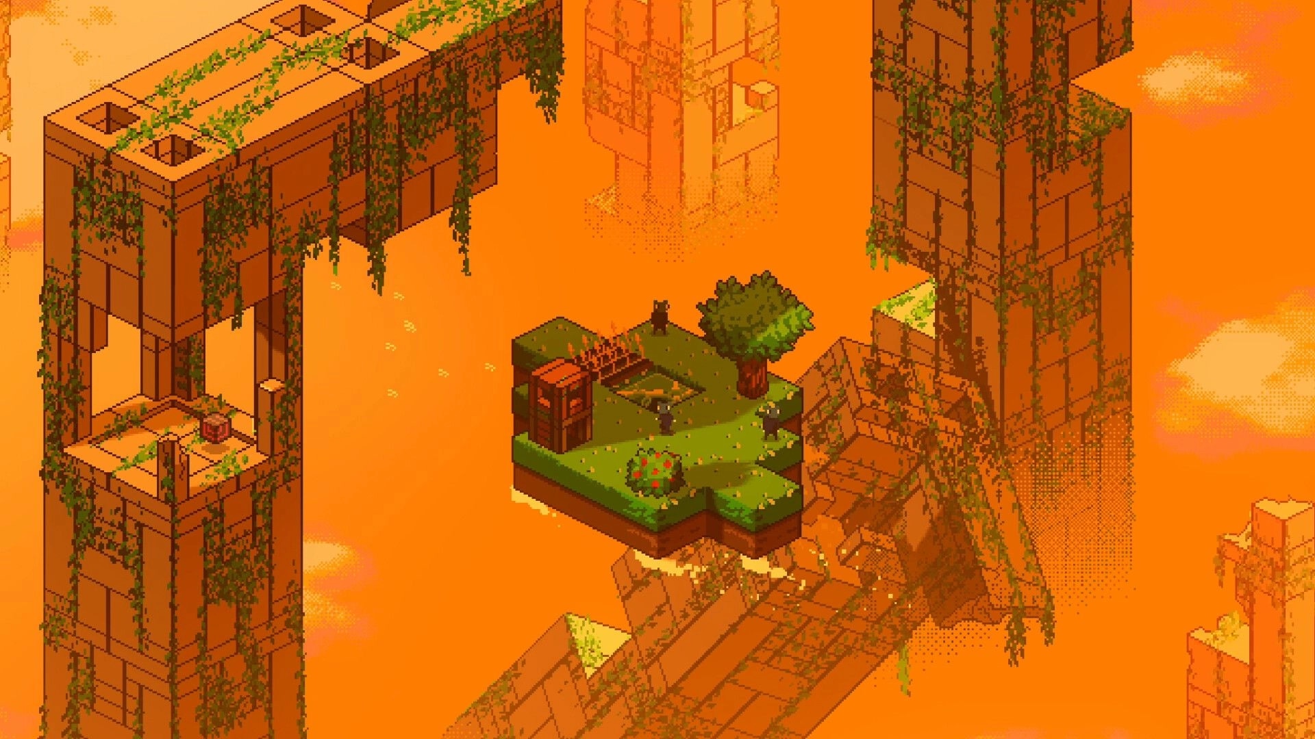 Cloudlings: Tiny villagers tend crops by a hut on a grassy floating island amid vine-covered ruins.