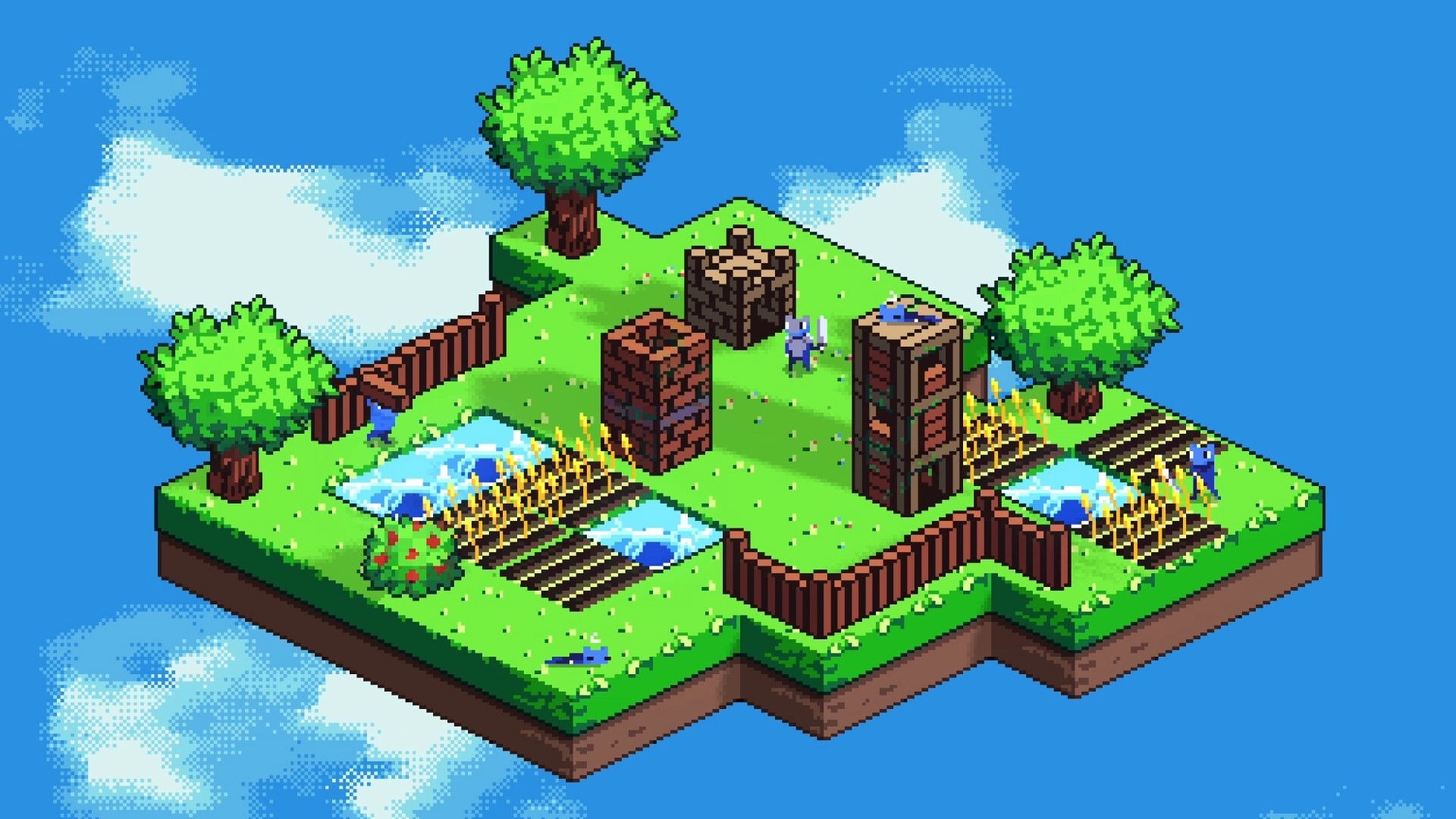 Cloudlings: Isometric floating island with tiny villagers, bridges, trees, and tall wooden towers in clouds.