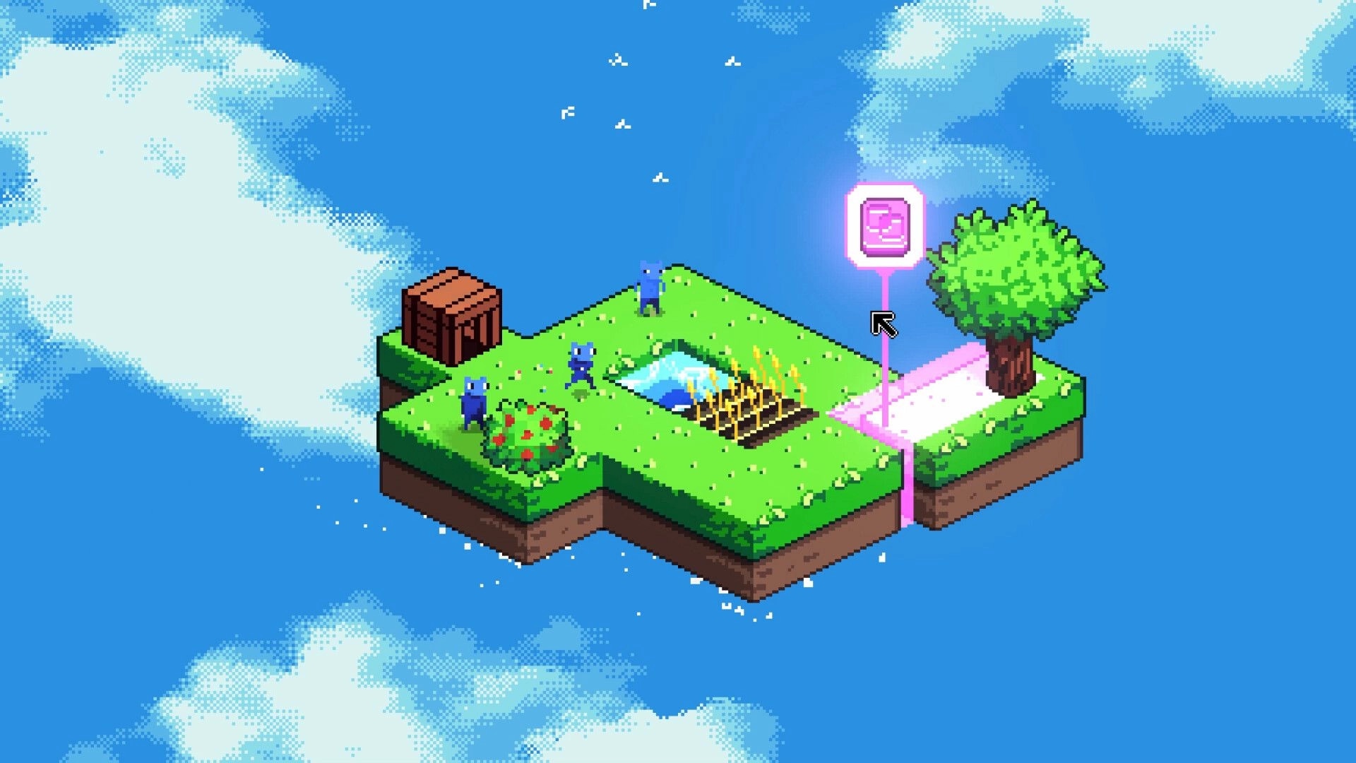 Cloudlings: Three blue villagers on a floating island, cursor selecting a pink bridge tile above clouds.