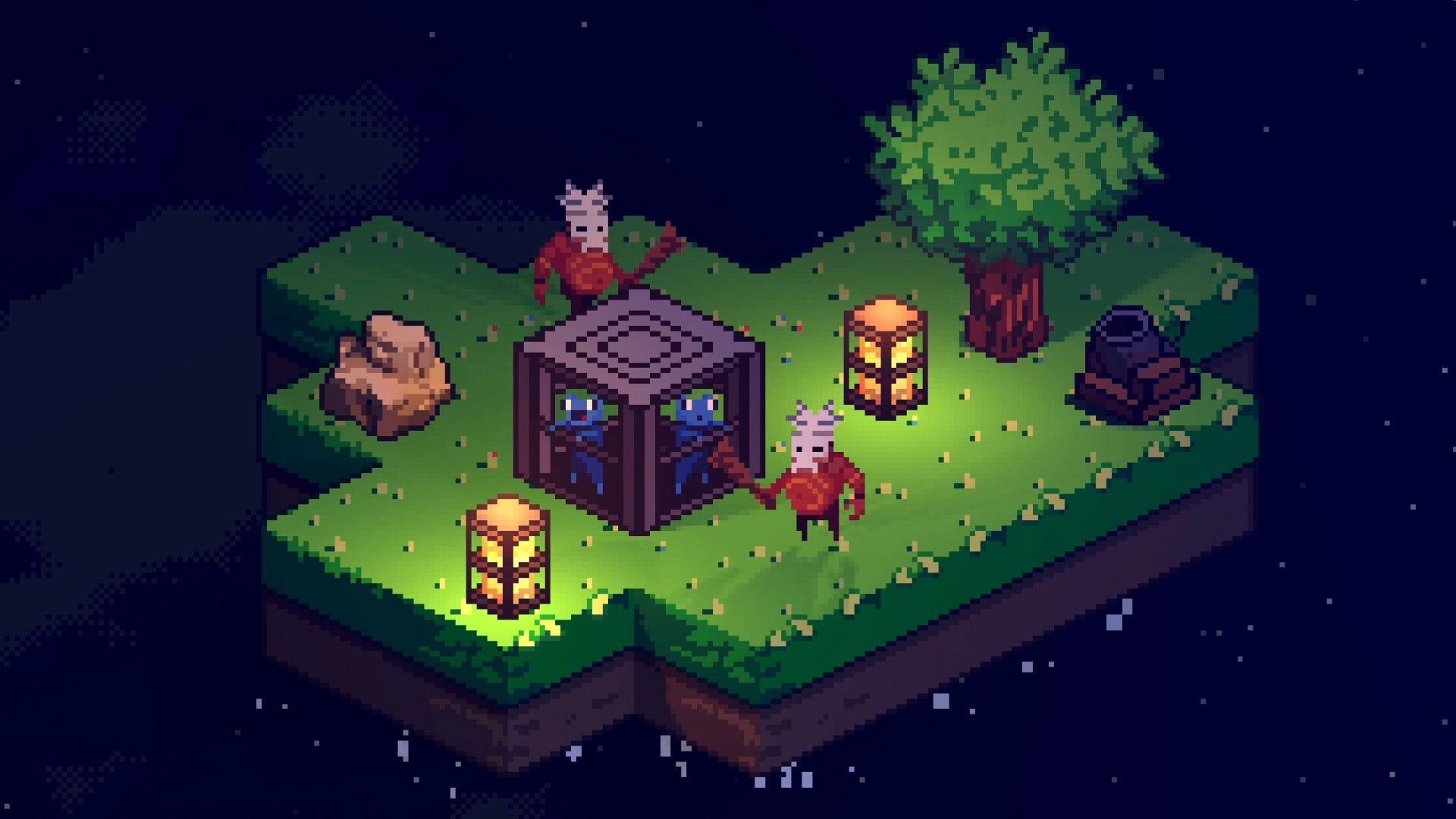 Cloudlings: Two red cloudlings guard a cube cage with blue creatures on a grassy floating isle at night.