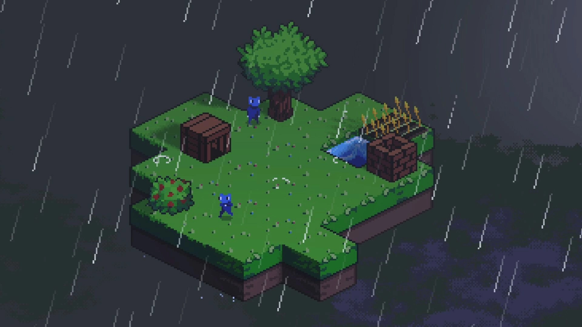 Cloudlings: Two blue villagers on a rainy floating island with tree, pond, crates, and crops.