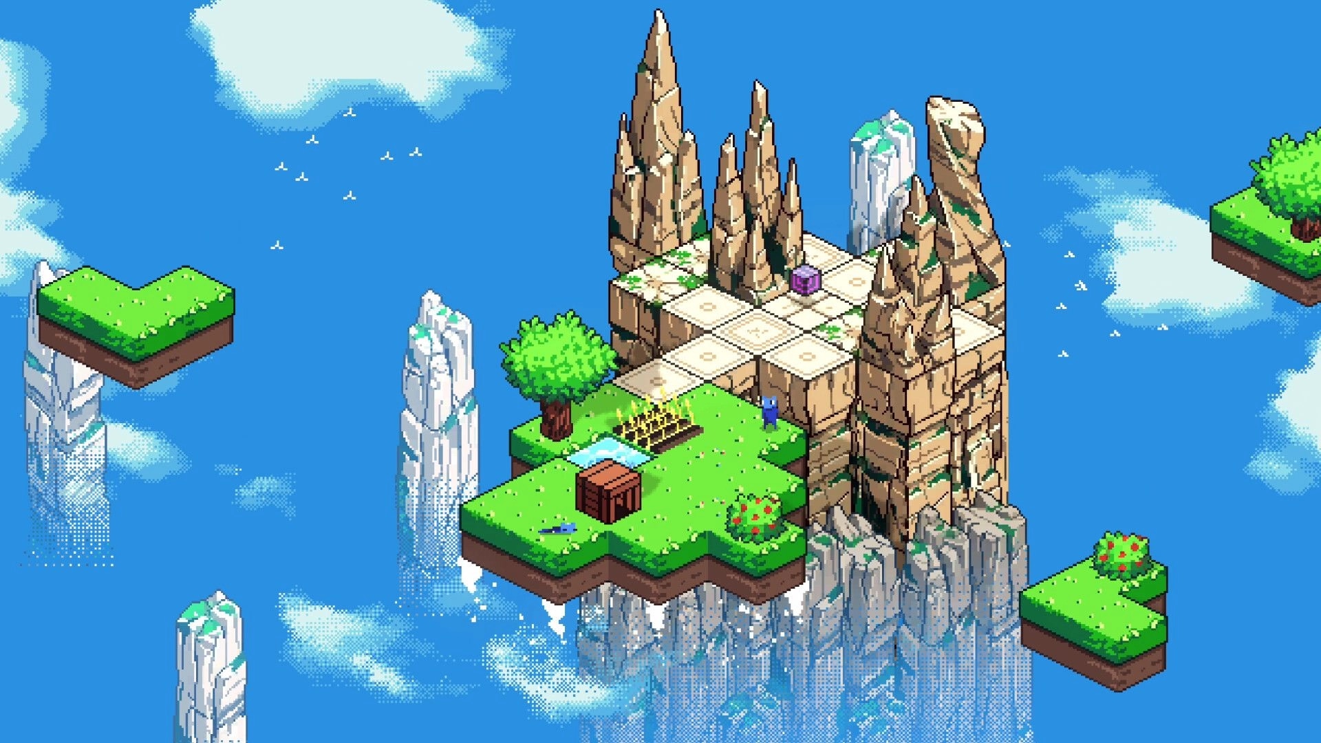 Cloudlings: Tiny blue worker on grassy floating island beside farm plot and rocky tile plateau in clouds.