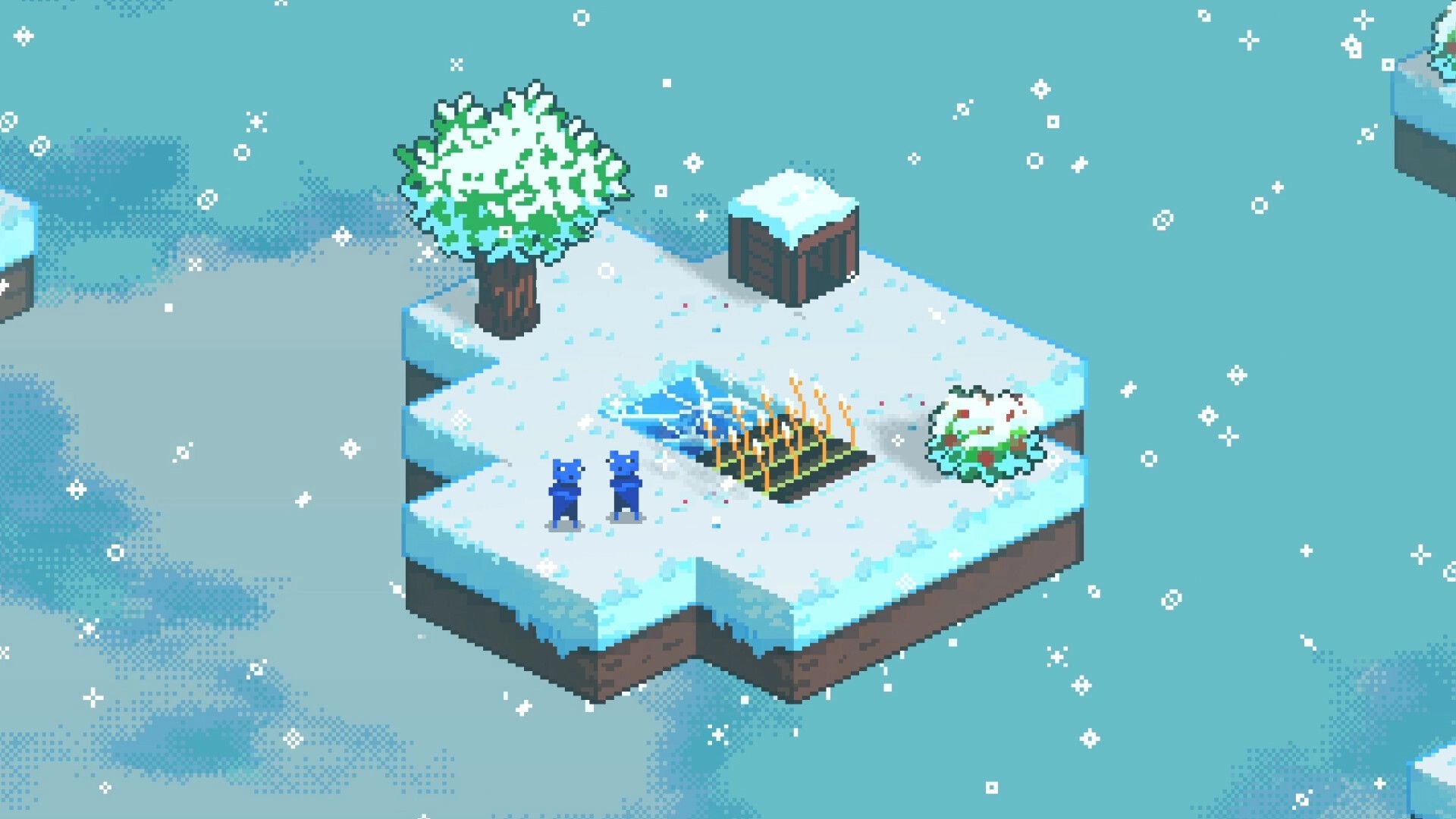 Cloudlings: Two blue creatures near a campfire on a snowy floating island with a tree and crate.