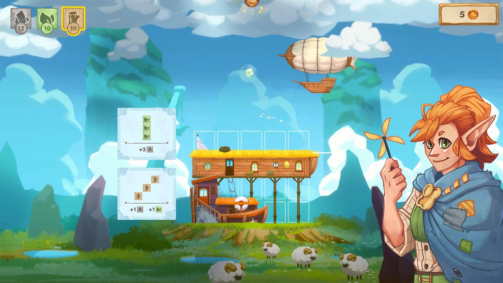 Cloudscrapers: Elf character holding propeller next to floating house in a serene, mountainous landscape