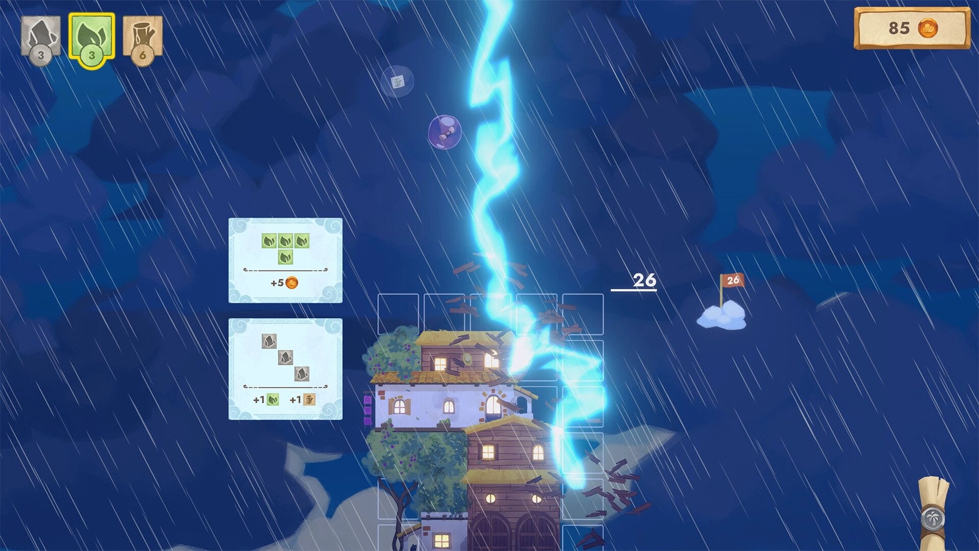 Cloudscrapers: Tower building in stormy sky with resource cards and lightning striking structures