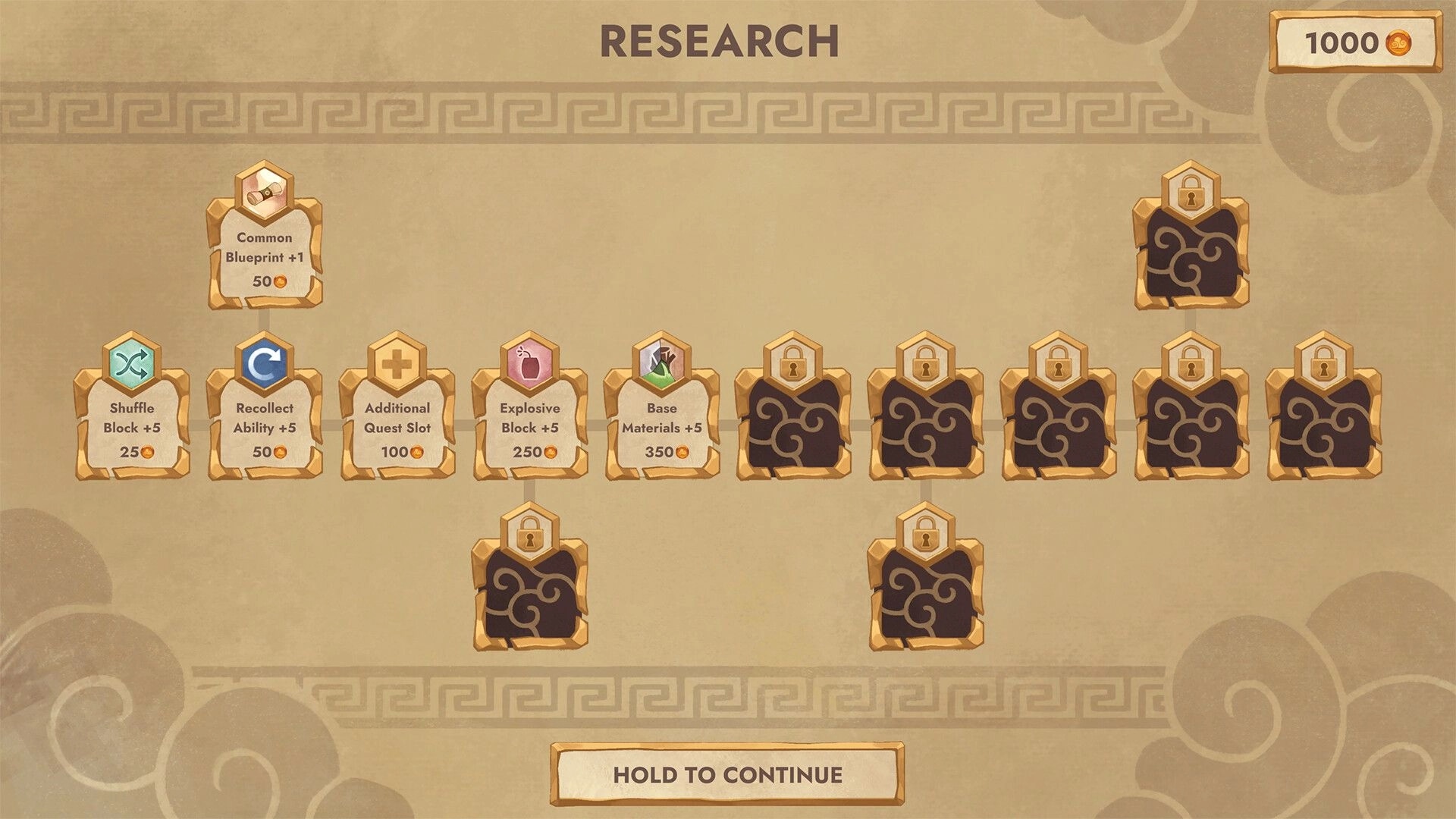 Cloudscrapers: Research menu with upgrade options like Common Blueprint, Shuffle Block, and Explosive Block