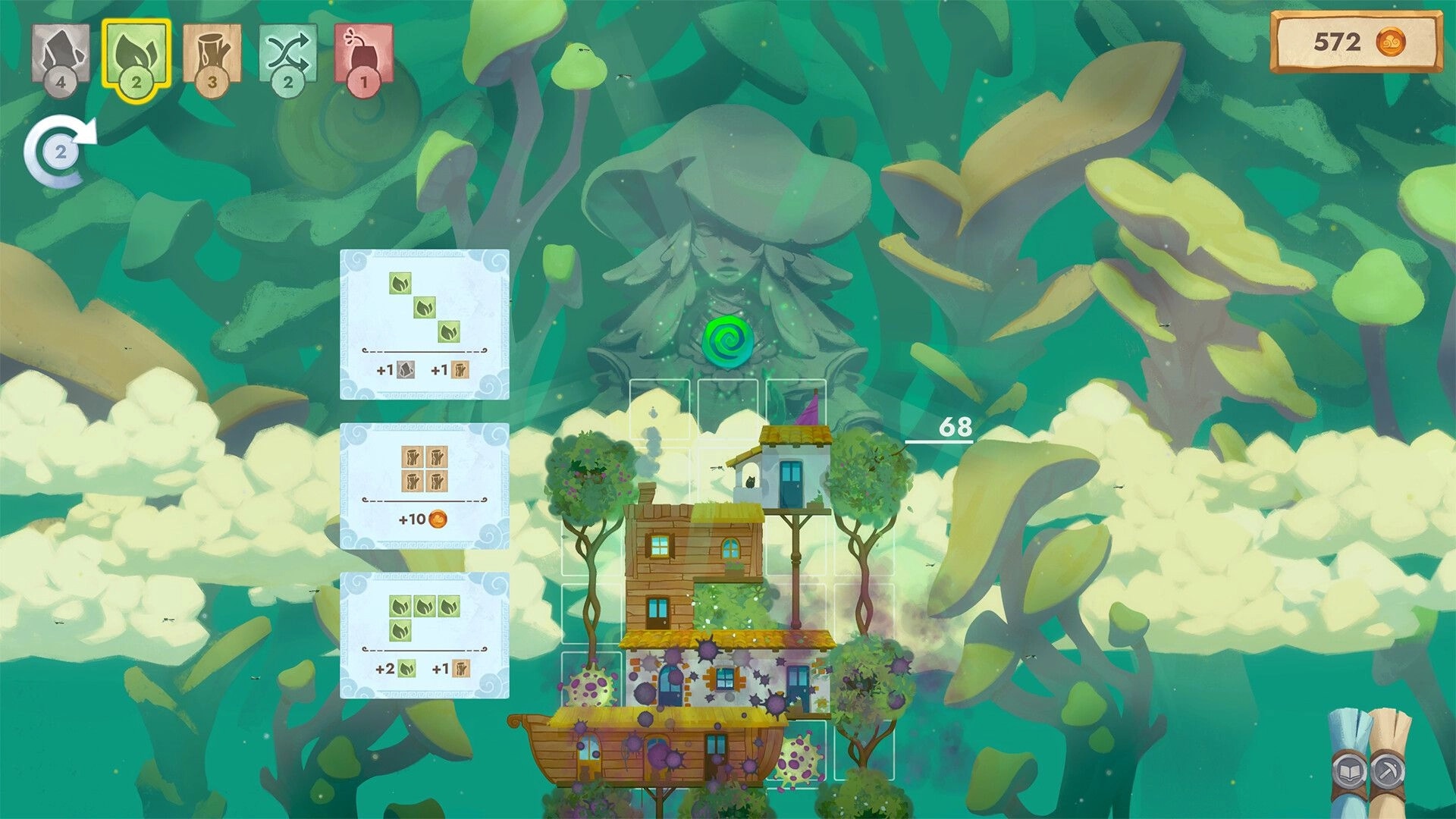 Cloudscrapers: Resource management interface with a tower being built among clouds in a lush environment