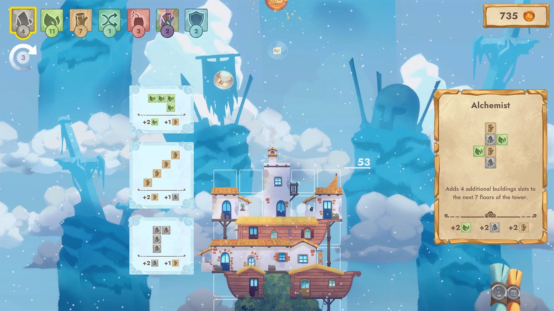 Cloudscrapers: Building tower with resource cards and Alchemist upgrade in snowy sky environment