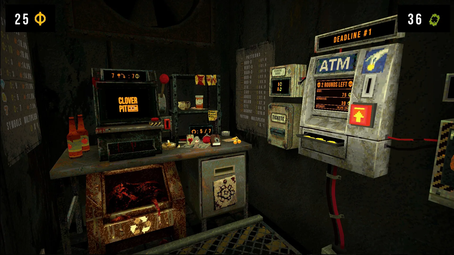 CloverPit: Slot machine and ATM in dark room with bottles, patterns chart, and deadline countdown on screen.