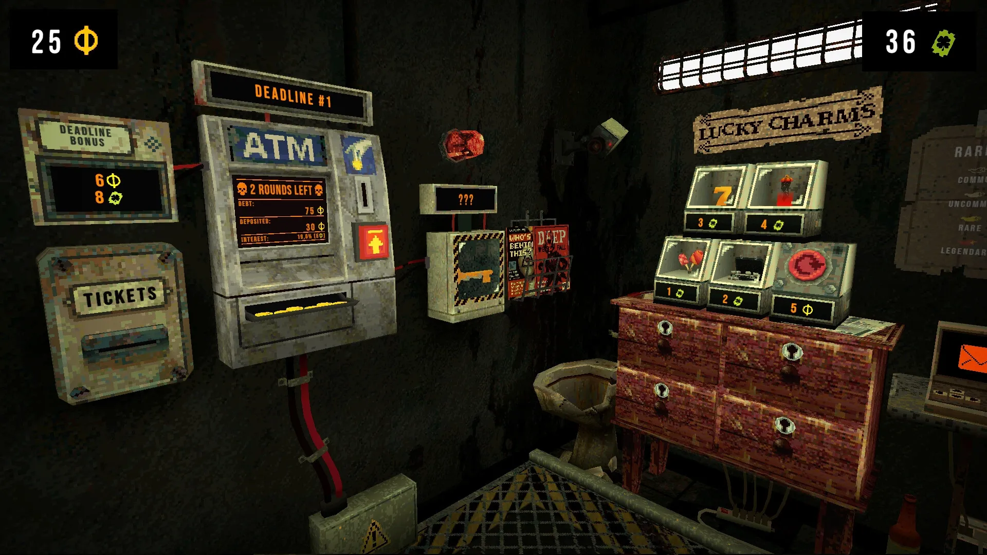 CloverPit: ATM interface with debt details and Lucky Charms display in dimly lit room