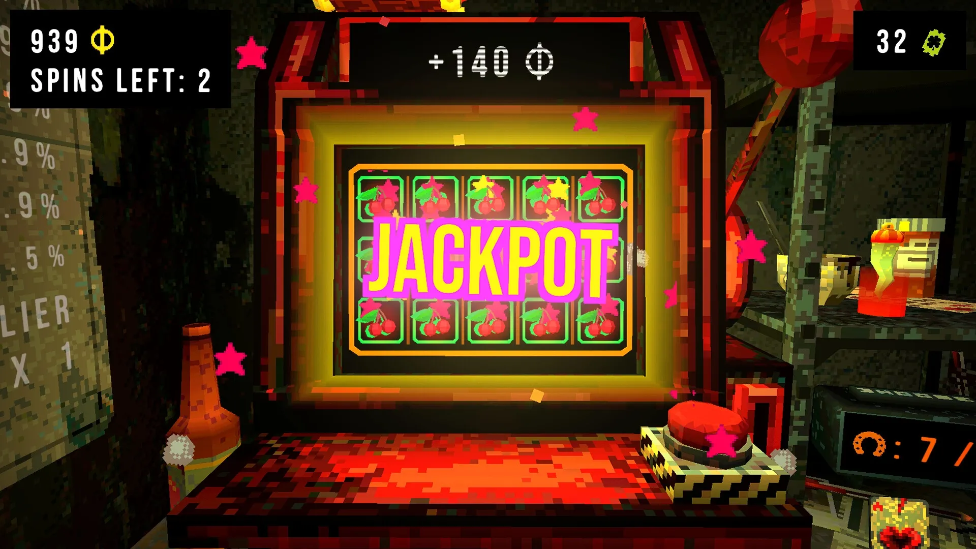 CloverPit: Slot machine jackpot with cherries, spins left displayed, surrounded by pixelated decor